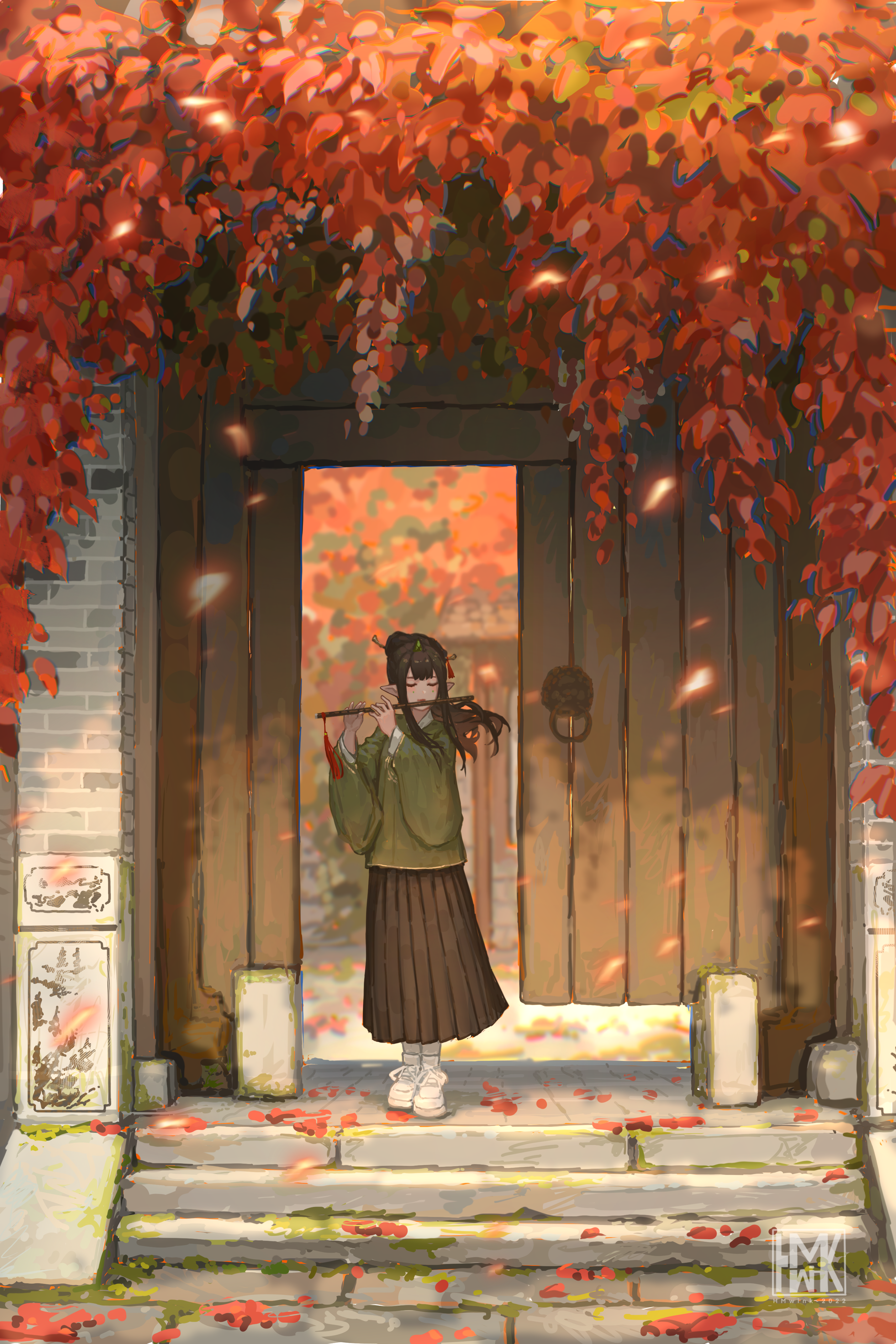 Girl in Chinese Clothing Playing Flute Under Red Leaves HD Phone Wallpaper