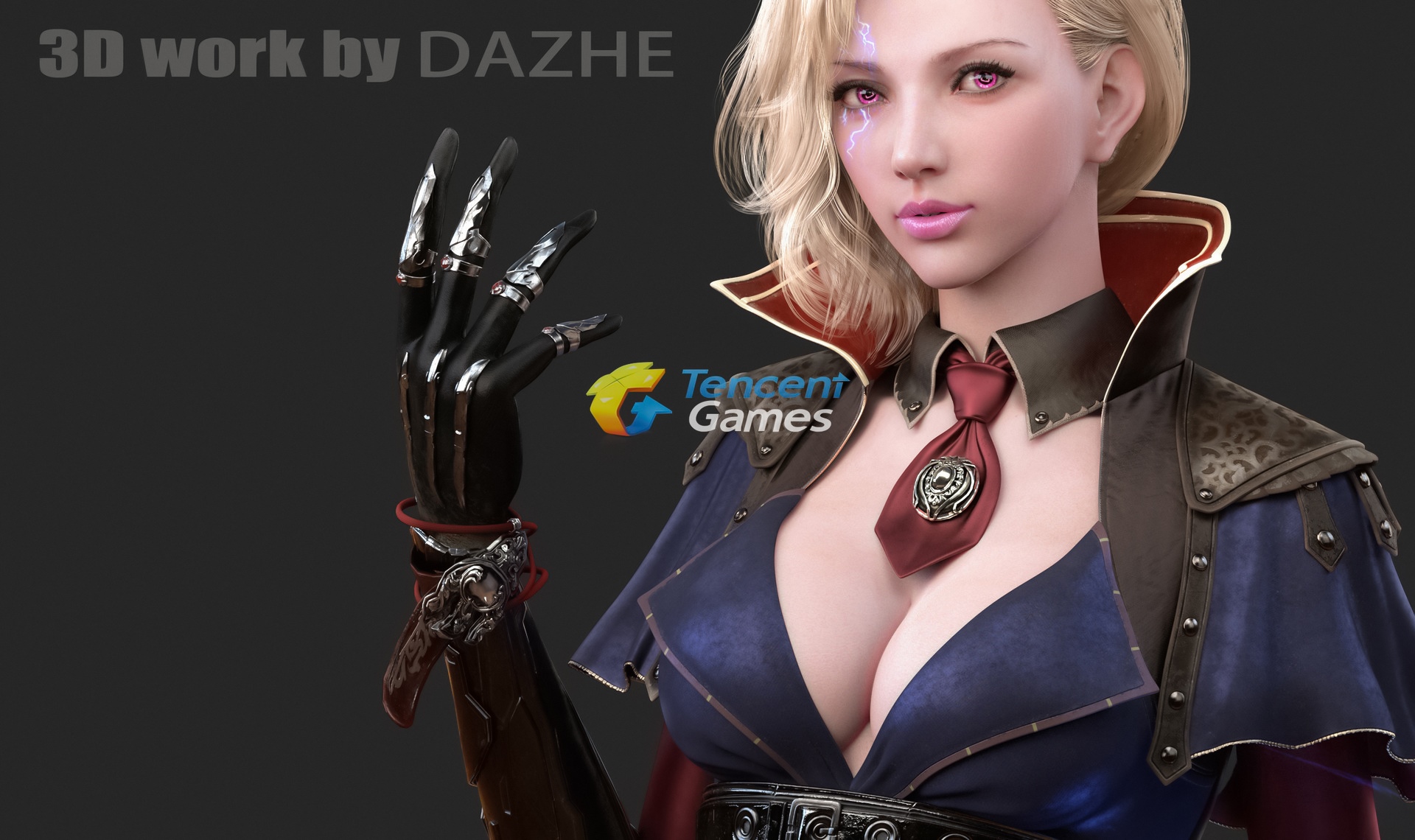 3D work by DAZHE featuring a blonde woman with pink eyes HD Wallpaper