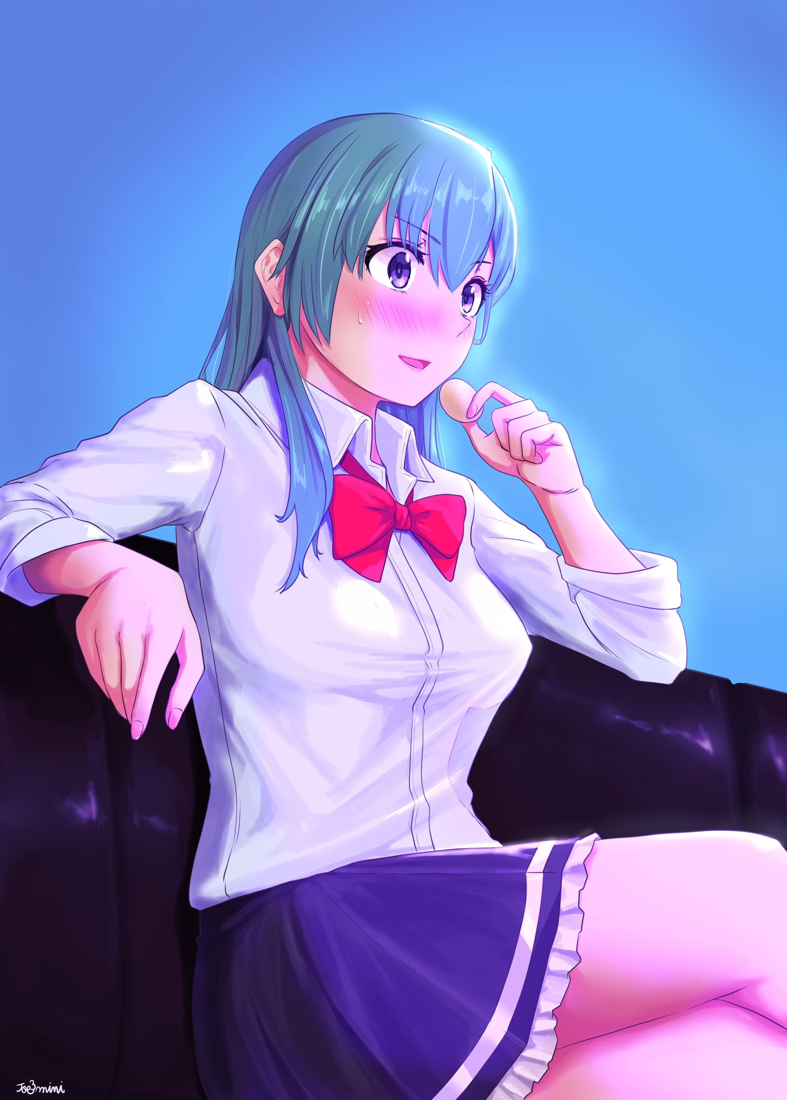 Anime girl with green hair and red bow tie HD Phone Wallpaper