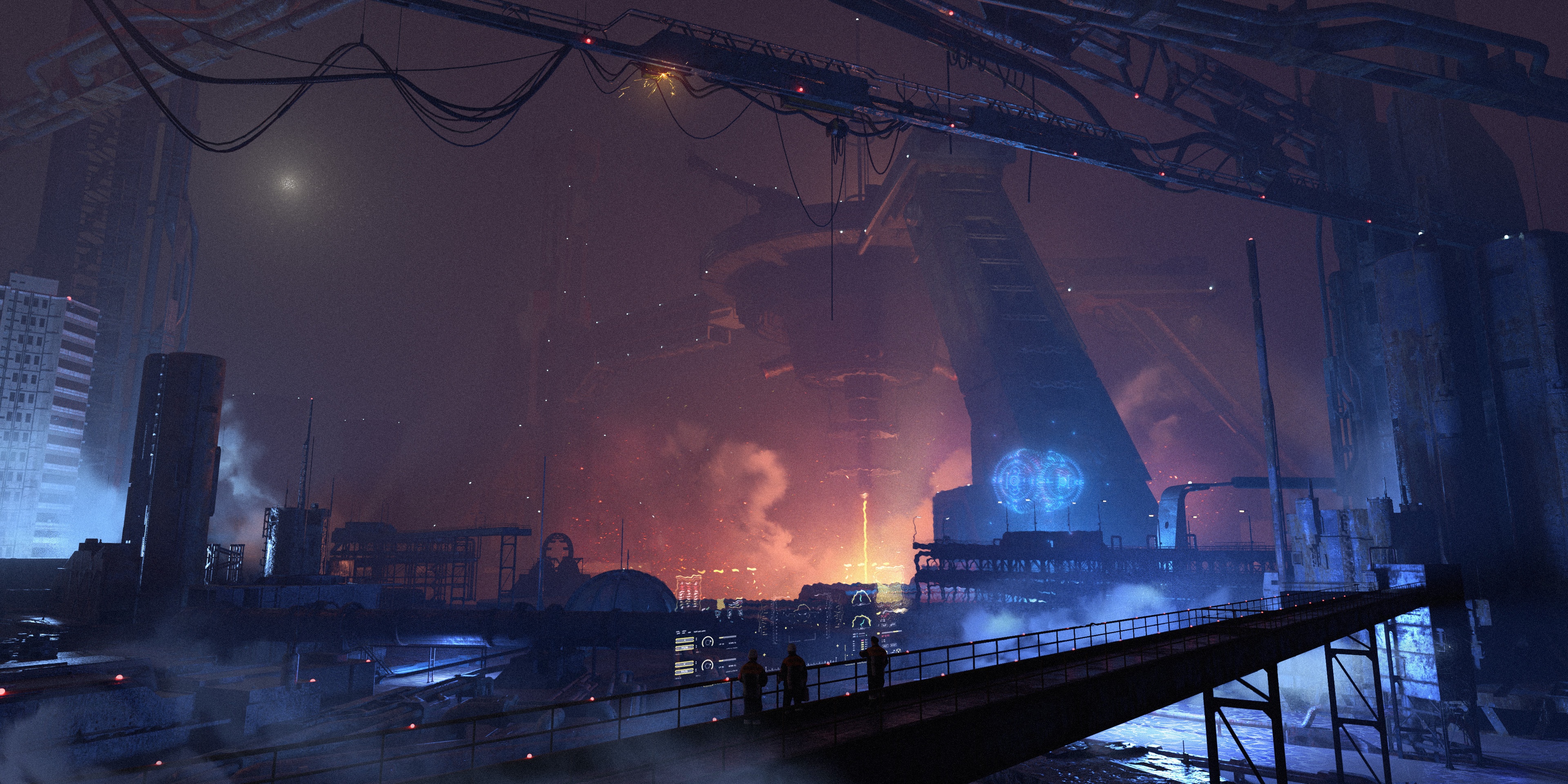 Cyberpunk industrial cityscape with a large structure HD Wallpaper