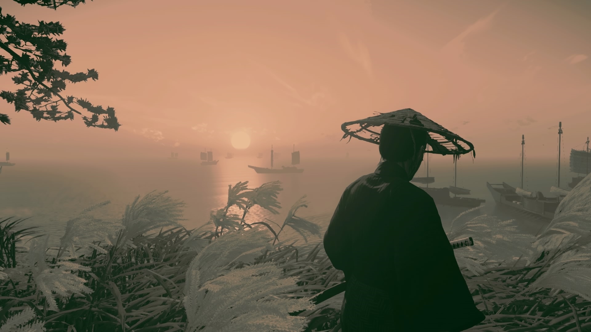 Ghost of Tsushima samurai overlooking boats at sunset HD Wallpaper