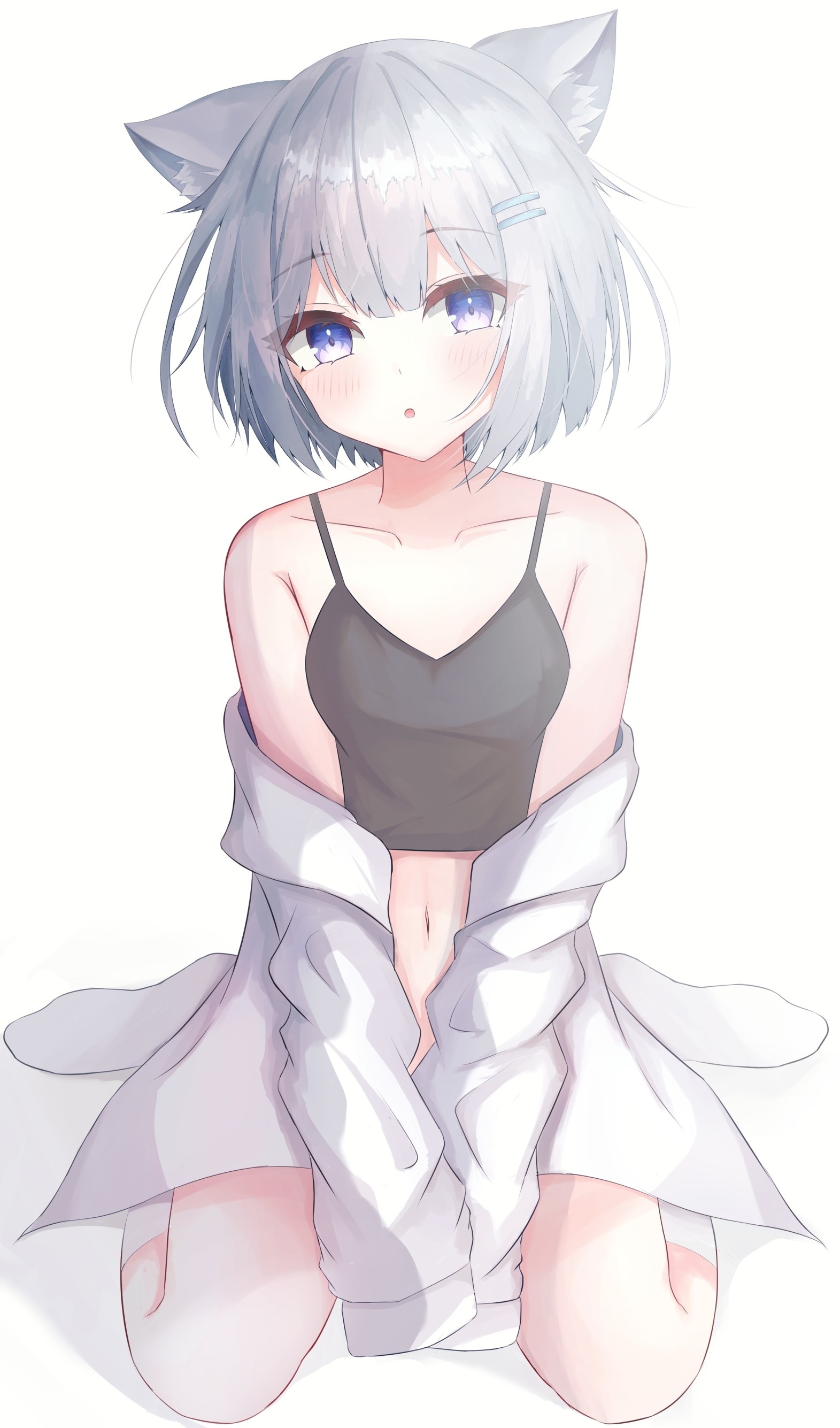 Cat girl with blue eyes and white hair wearing a crop top HD Phone Wallpaper