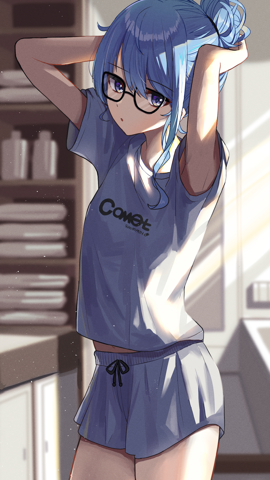 Hoshimachi Suisei wearing glasses and pajamas HD Phone Wallpaper