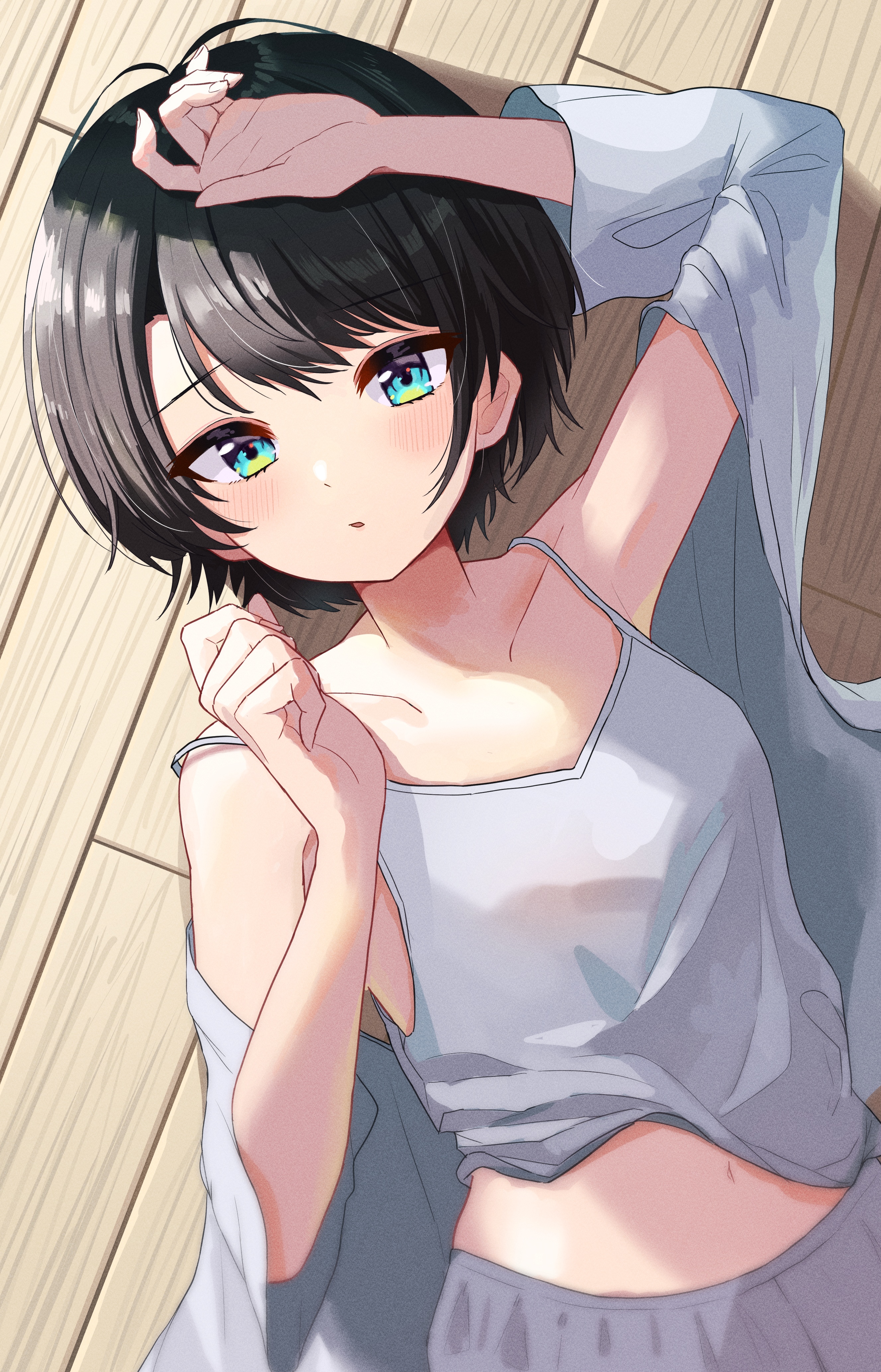 Anime girl with colorful eyes lying down HD Phone Wallpaper