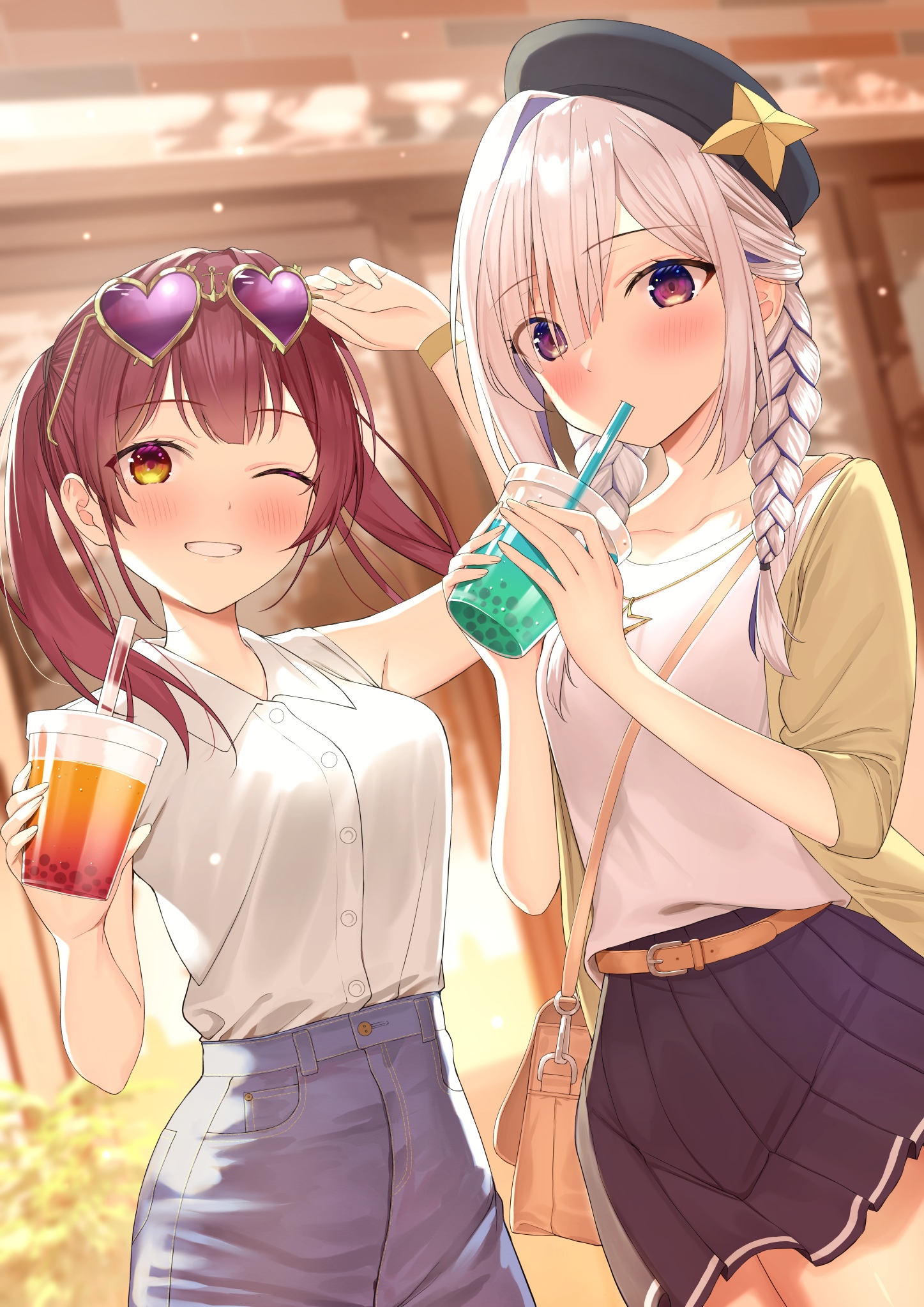 Two anime girls with bubble tea HD Phone Wallpaper