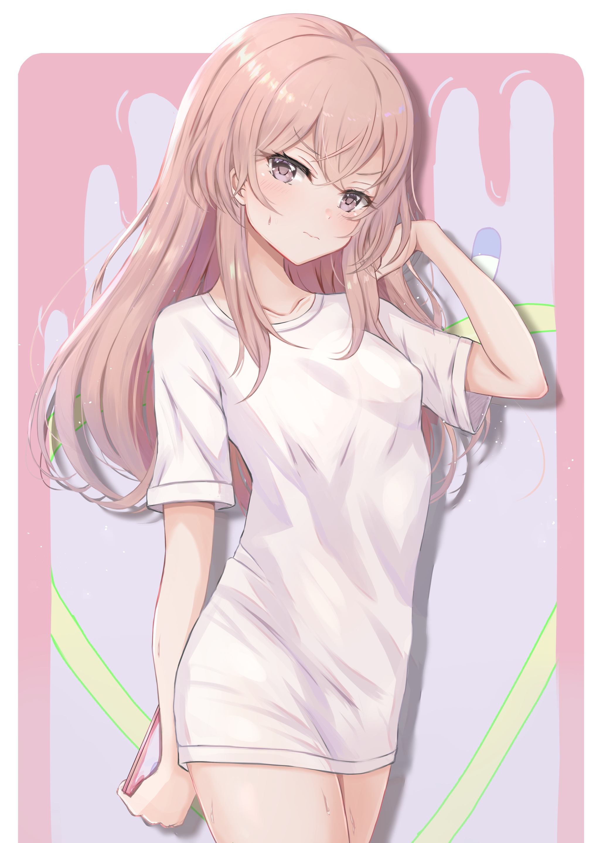Anime girl with long pink hair in a white t-shirt HD Phone Wallpaper