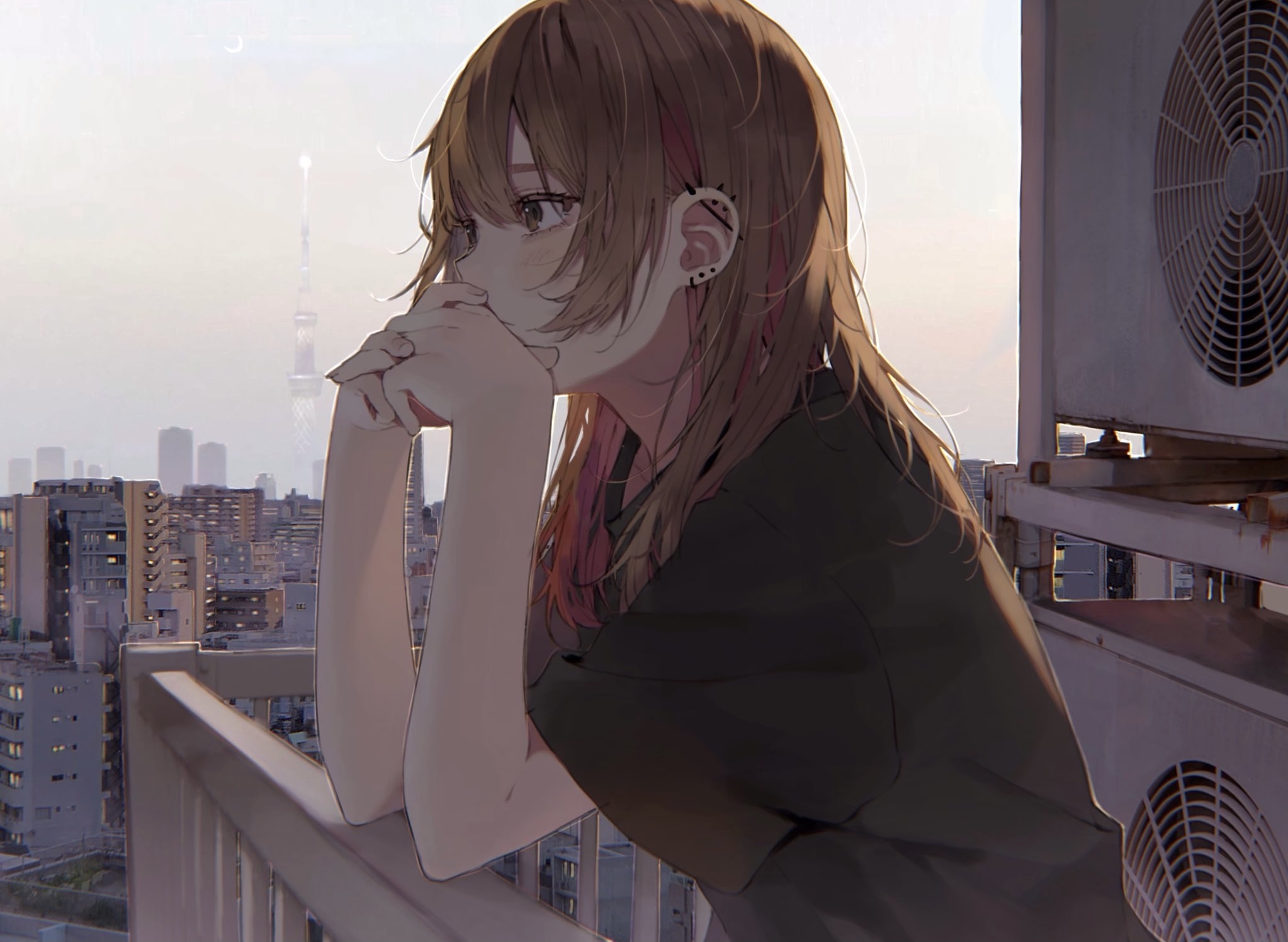 Anime girl with brunette hair on a balcony overlooking a city HD Wallpaper