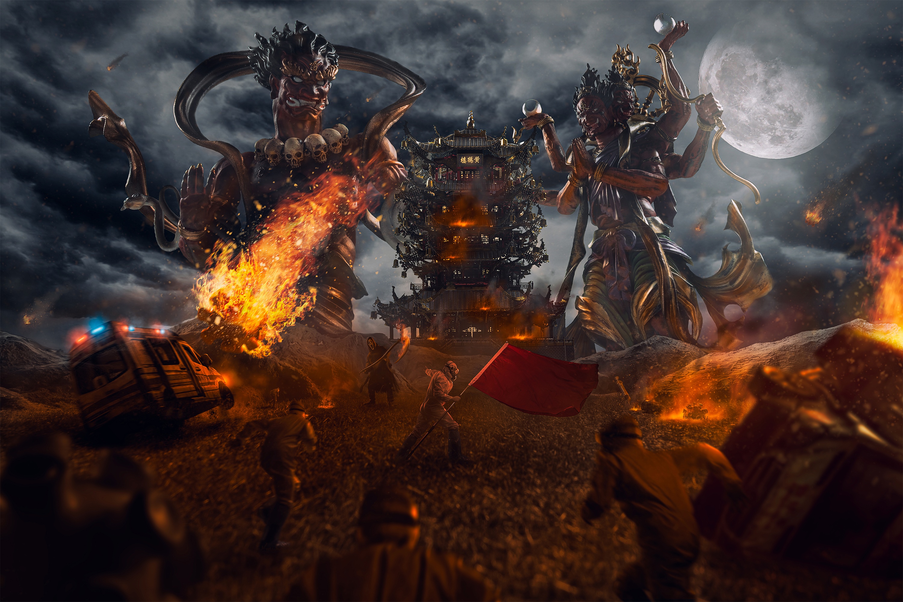 Giant figures and Chinese architecture with fire and ambulance HD Wallpaper