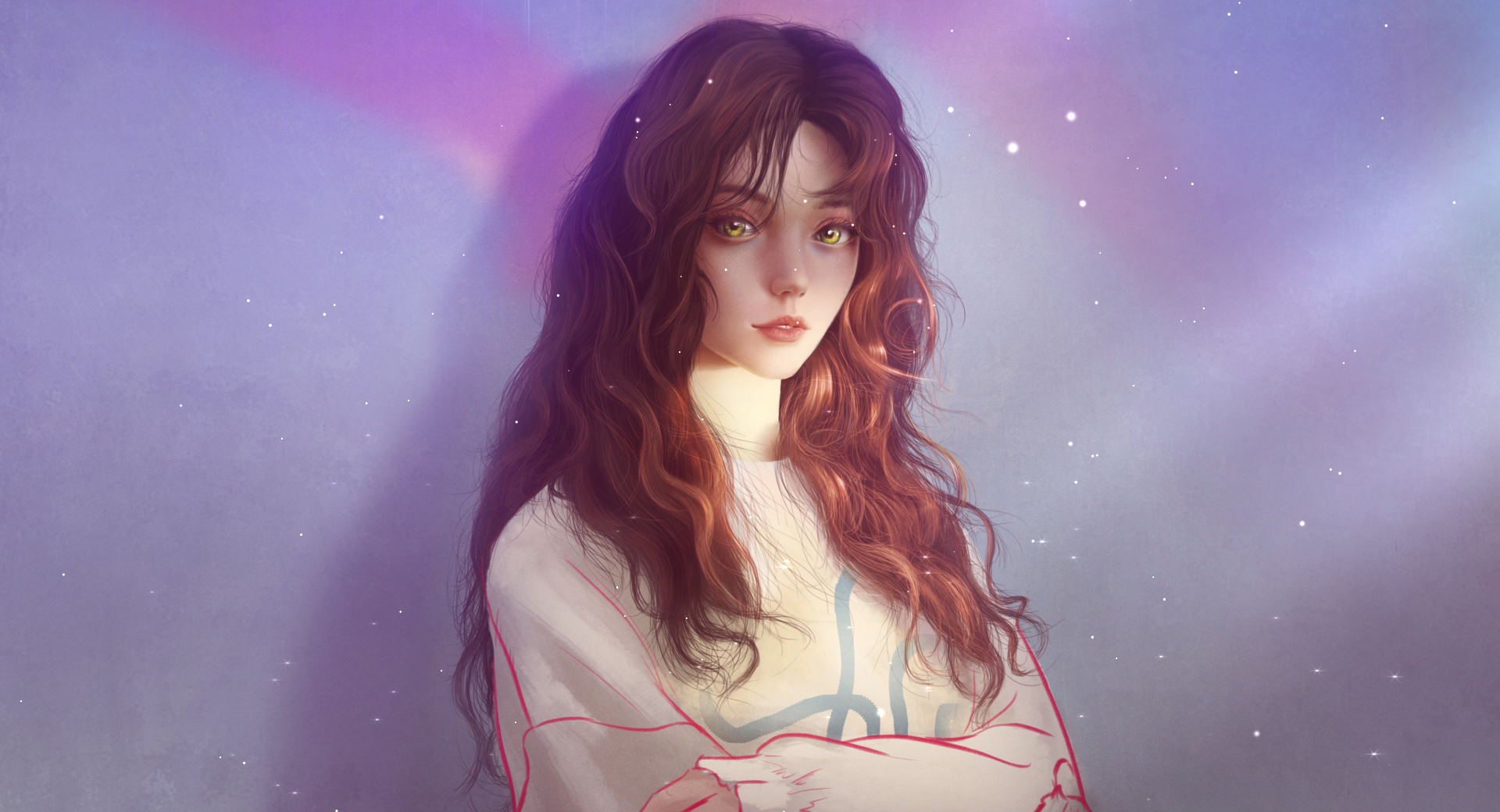 Digital art of a girl with yellow eyes, arms crossed HD Wallpaper