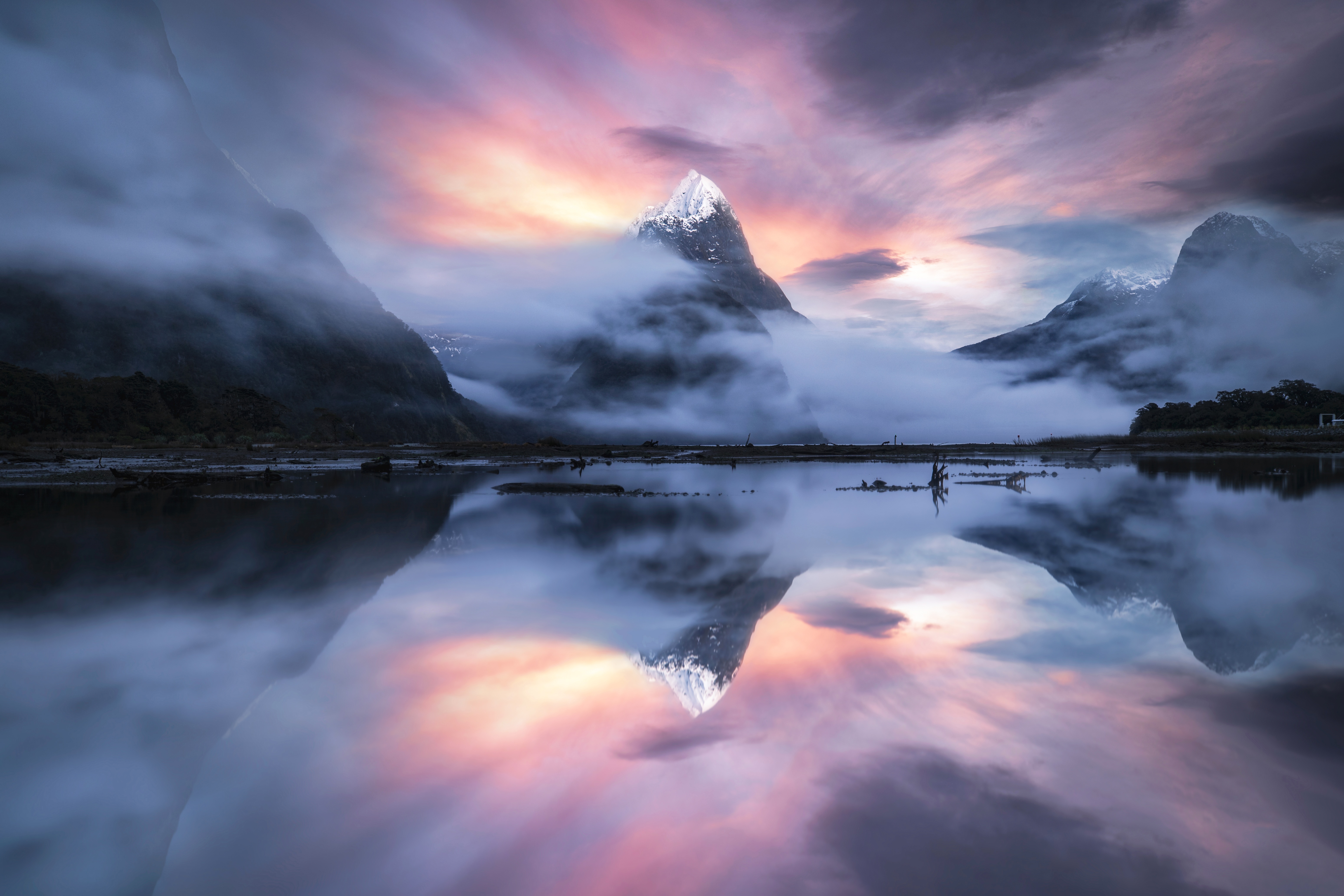 4K Sunrise Reflection of Milford Sound Mountains HD Wallpaper