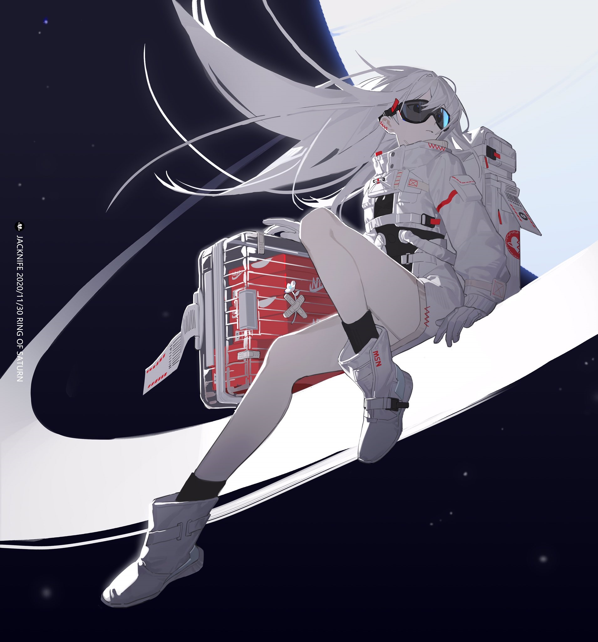 Astronaut girl with luggage on Saturn's rings HD Wallpaper