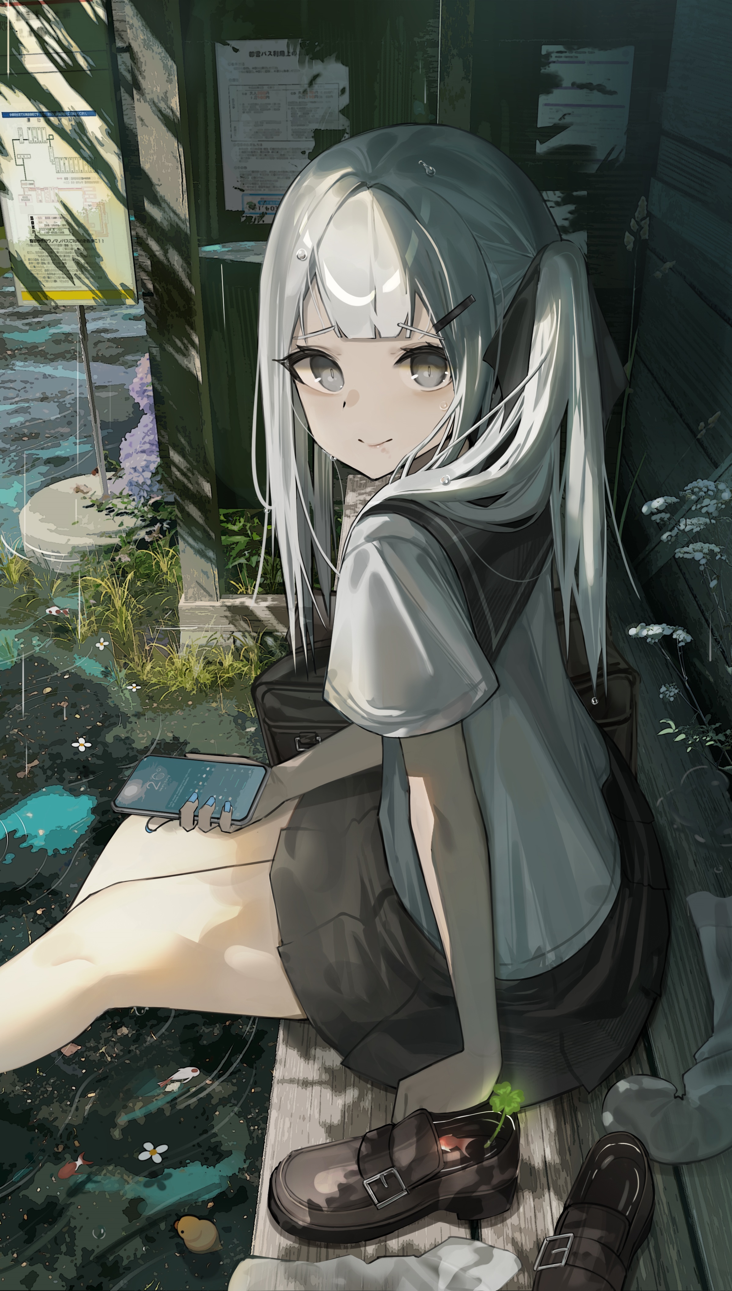 Anime girl with silver hair in school uniform at bus stop HD Phone Wallpaper