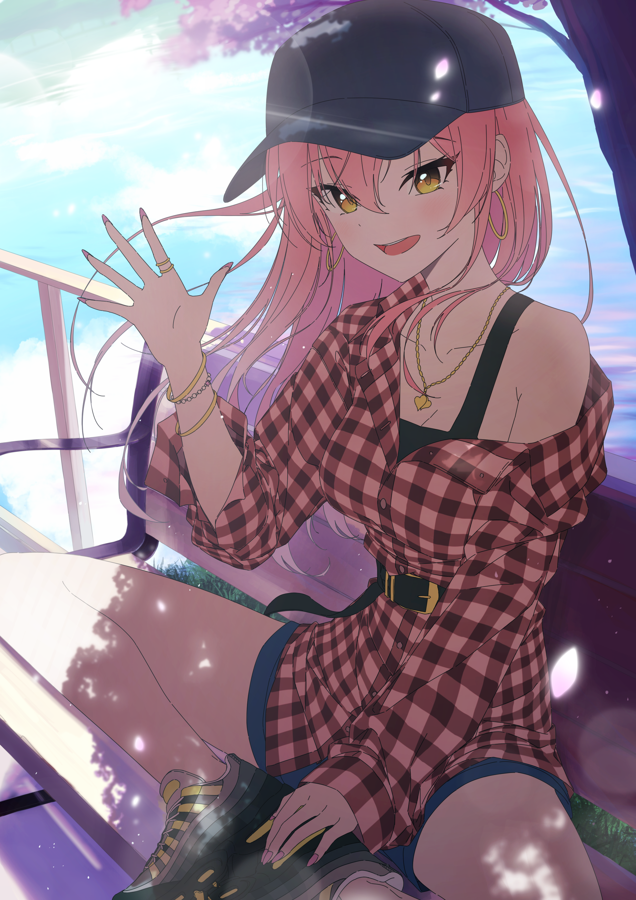Anime girl with pink hair wearing a baseball cap and plaid shirt HD Phone Wallpaper