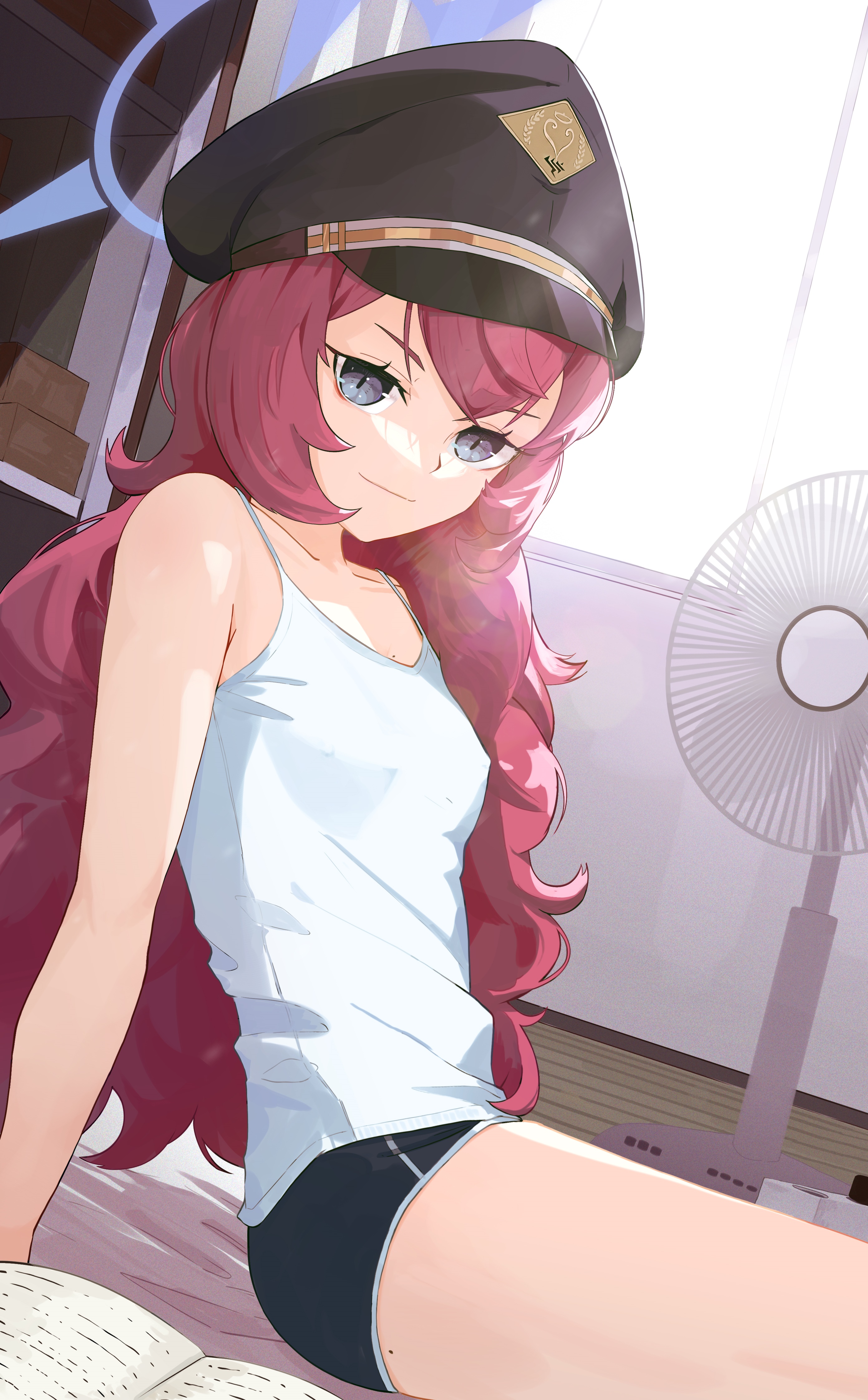 Anime girl with pink hair wearing a white tank top and black shorts HD Phone Wallpaper