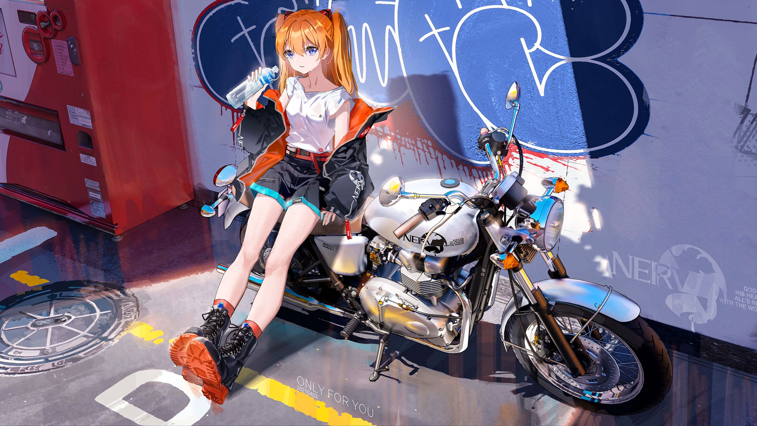 Asuka Langley Soryu with a Motorcycle and Vending Machine HD Wallpaper