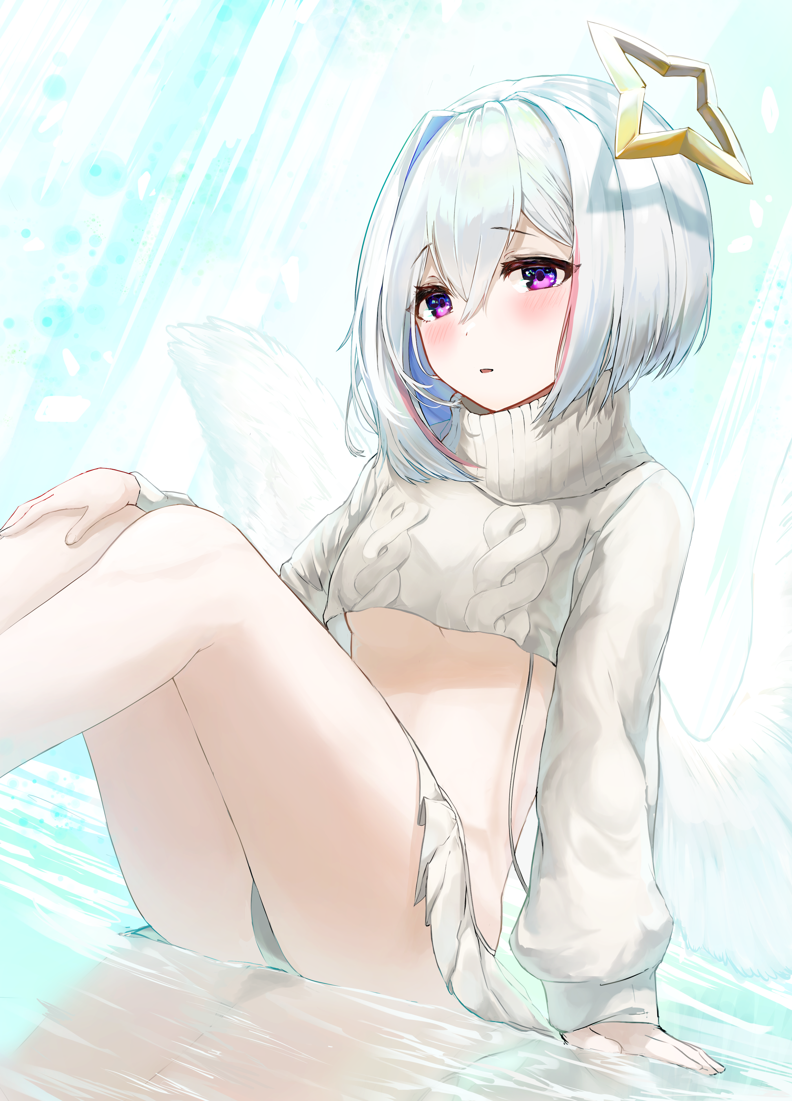 Anime girl with white hair and wings wearing a sweater HD Phone Wallpaper