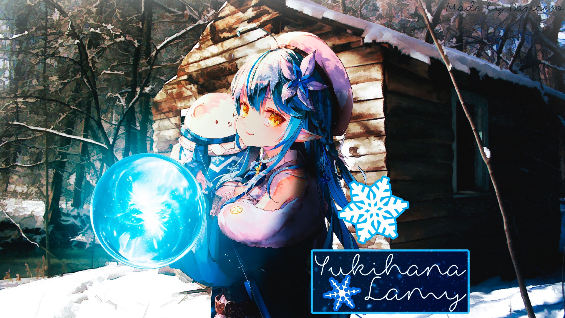 Yukihana Lamy with a magical orb in a snowy forest HD Wallpaper