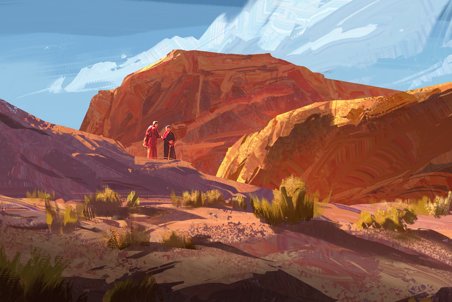 Two figures in robes stand on a rocky outcrop. HD Wallpaper