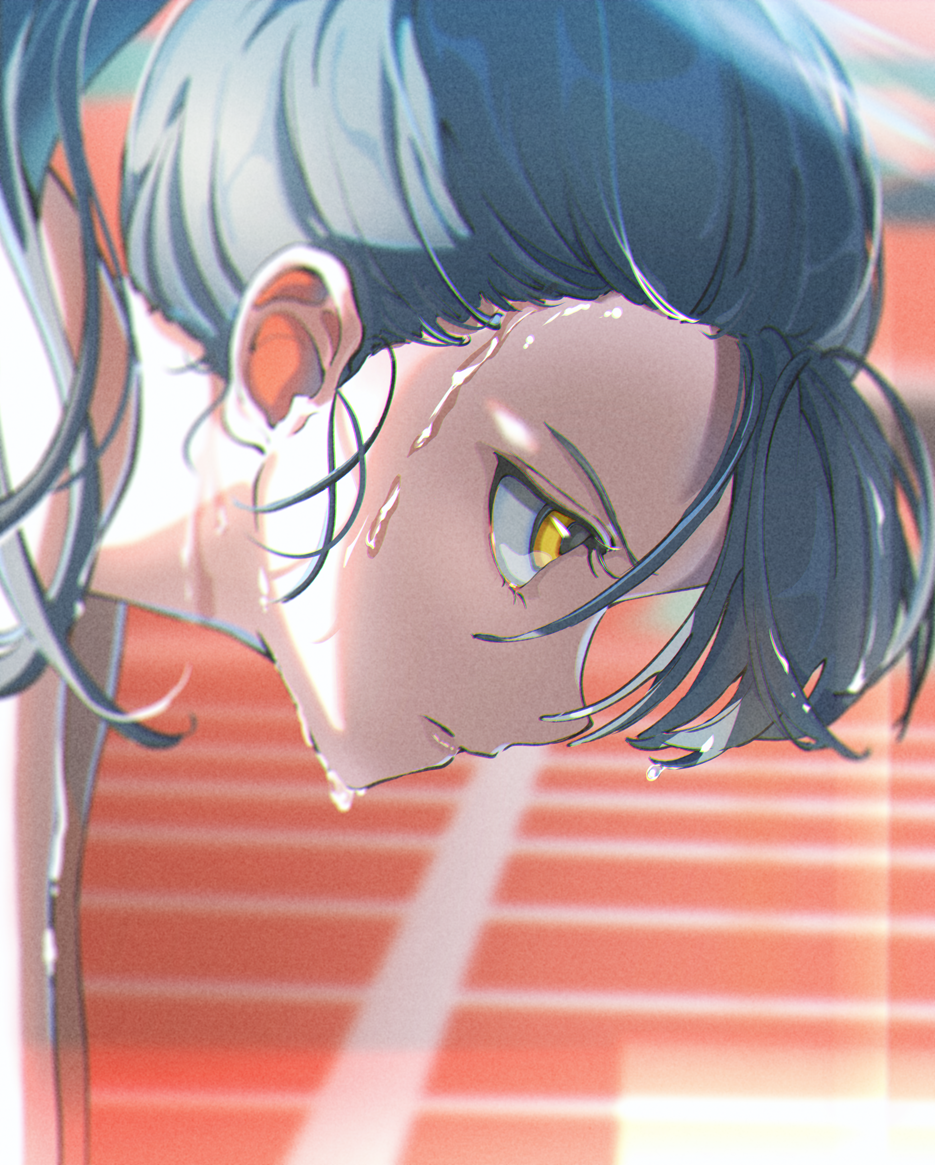 Girl with blue hair and yellow eyes sweating HD Phone Wallpaper