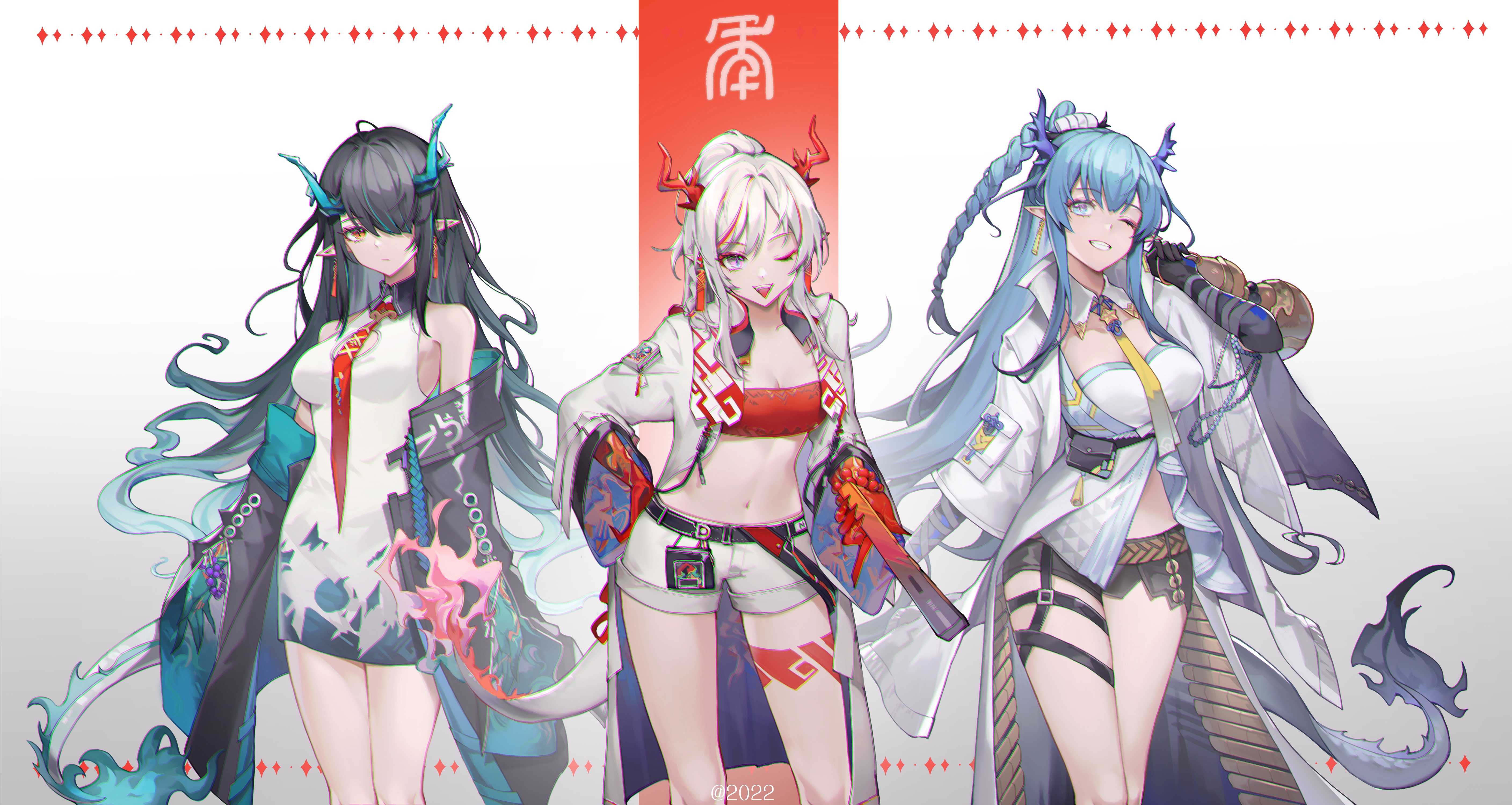 Arknights Nian, Dusk, and Ling with horns and tails HD Wallpaper