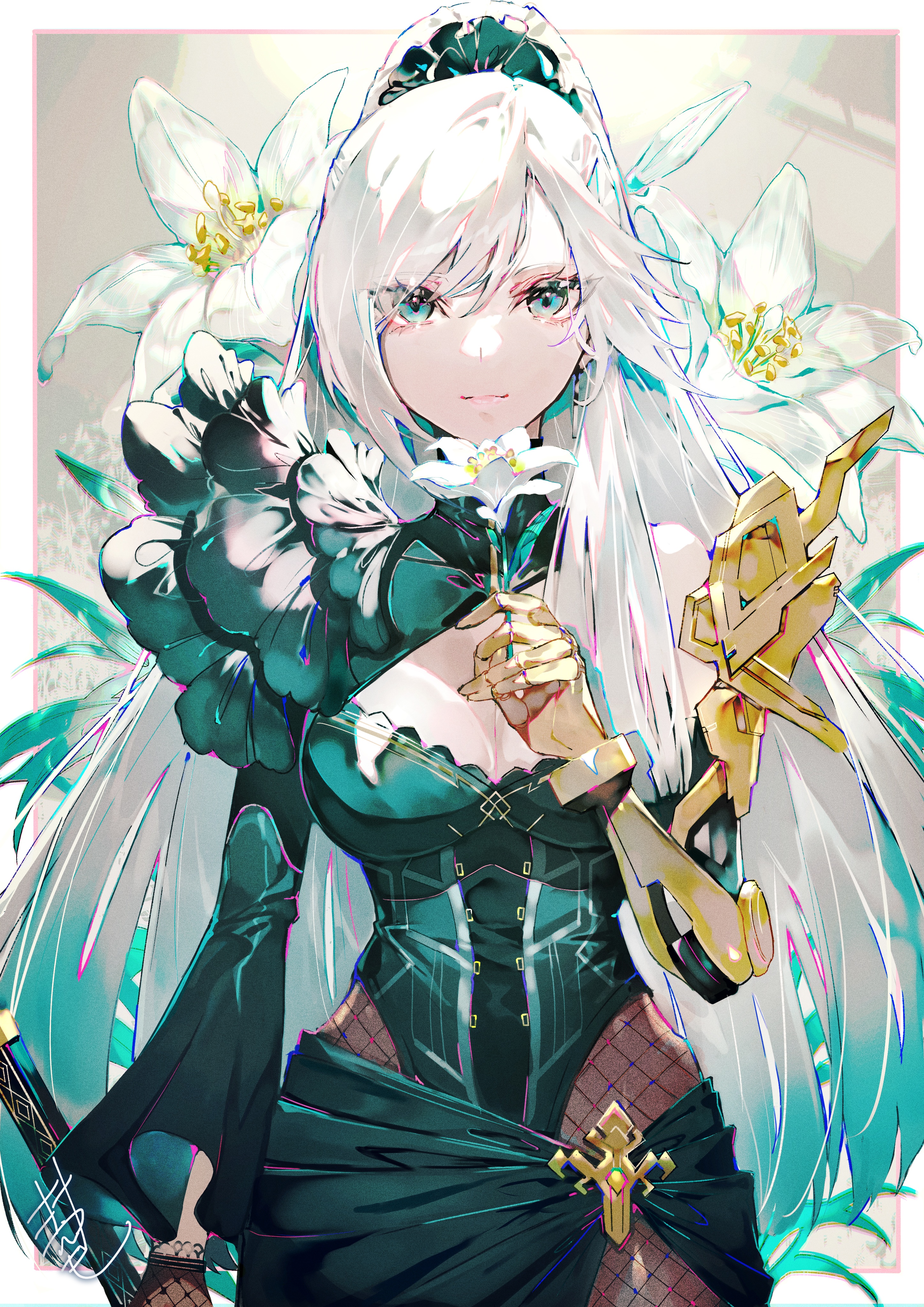 Anime girl with white hair and flowers HD Phone Wallpaper