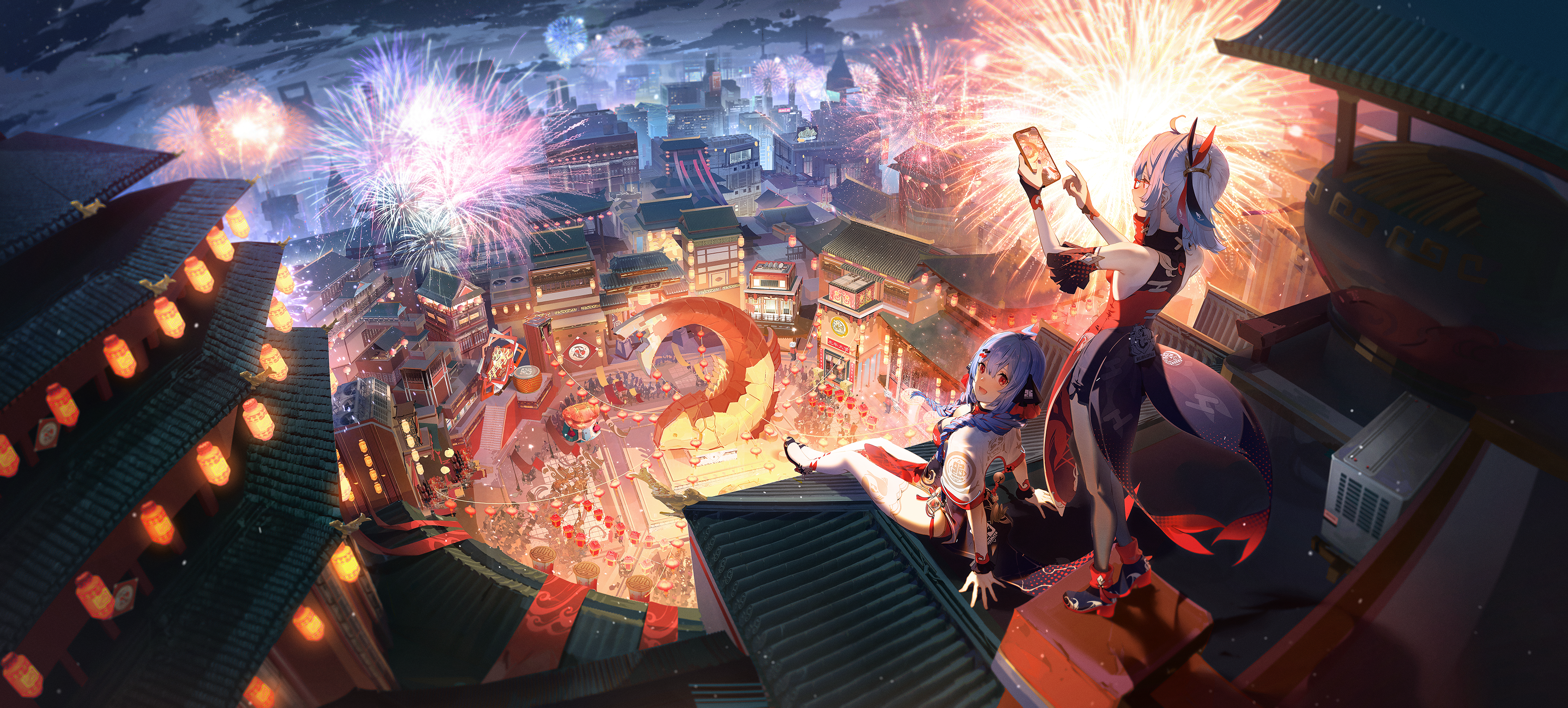 Anime girls celebrating festival with fireworks in Chinese city HD Wallpaper