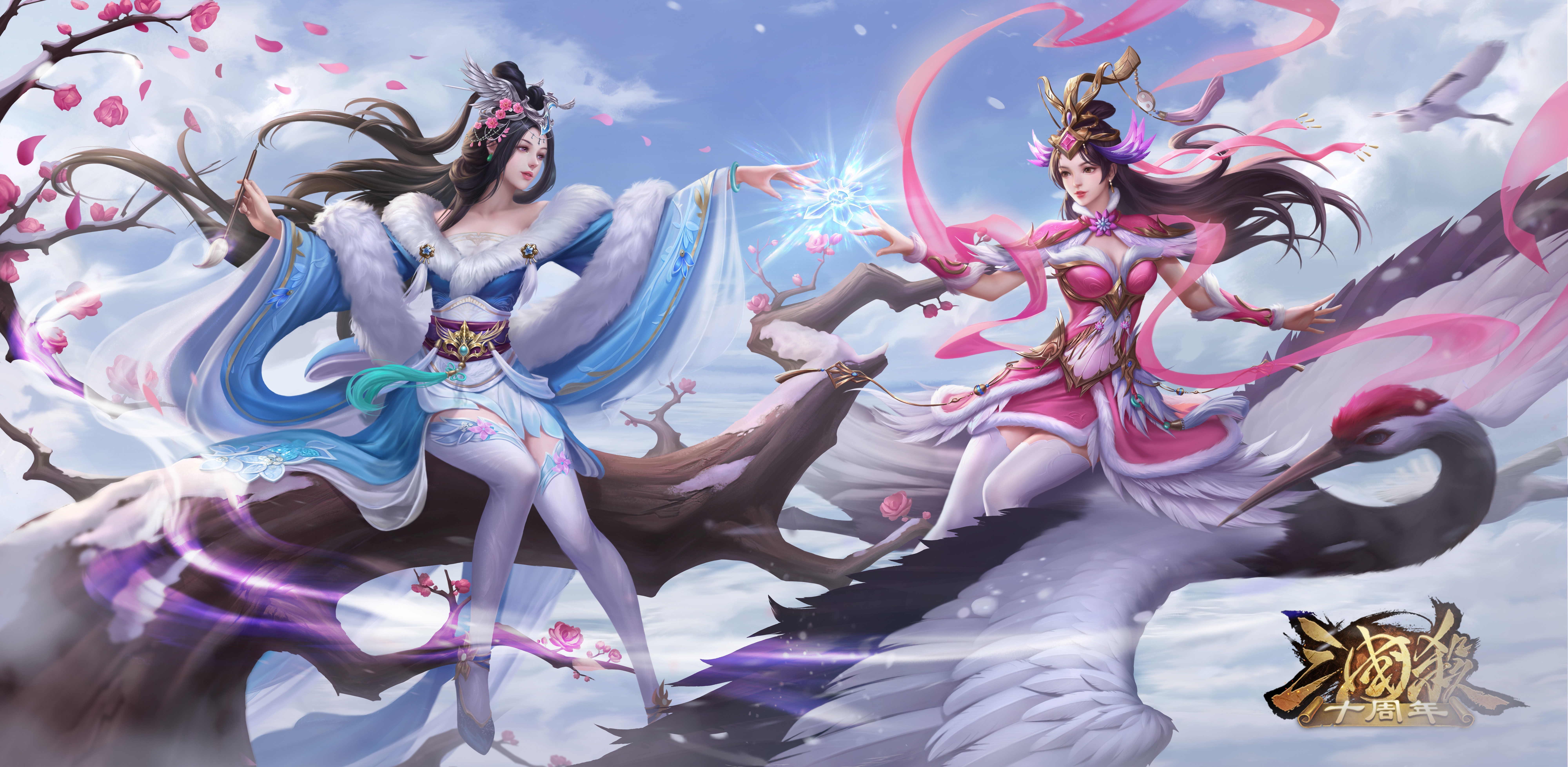 4K Game Art: Two Women and Cranes HD Wallpaper