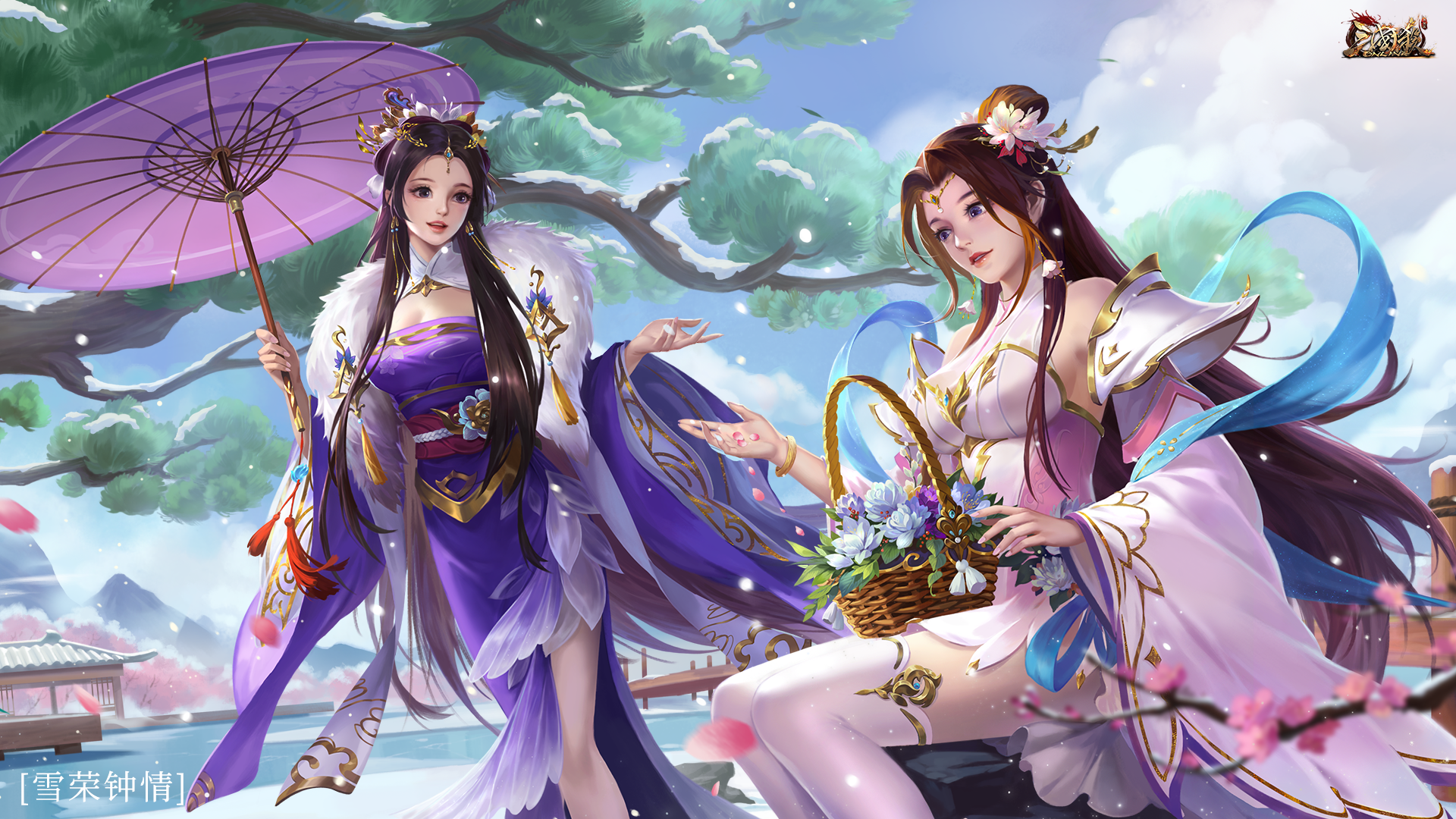 Two women in traditional Chinese attire in a snowy landscape HD Wallpaper