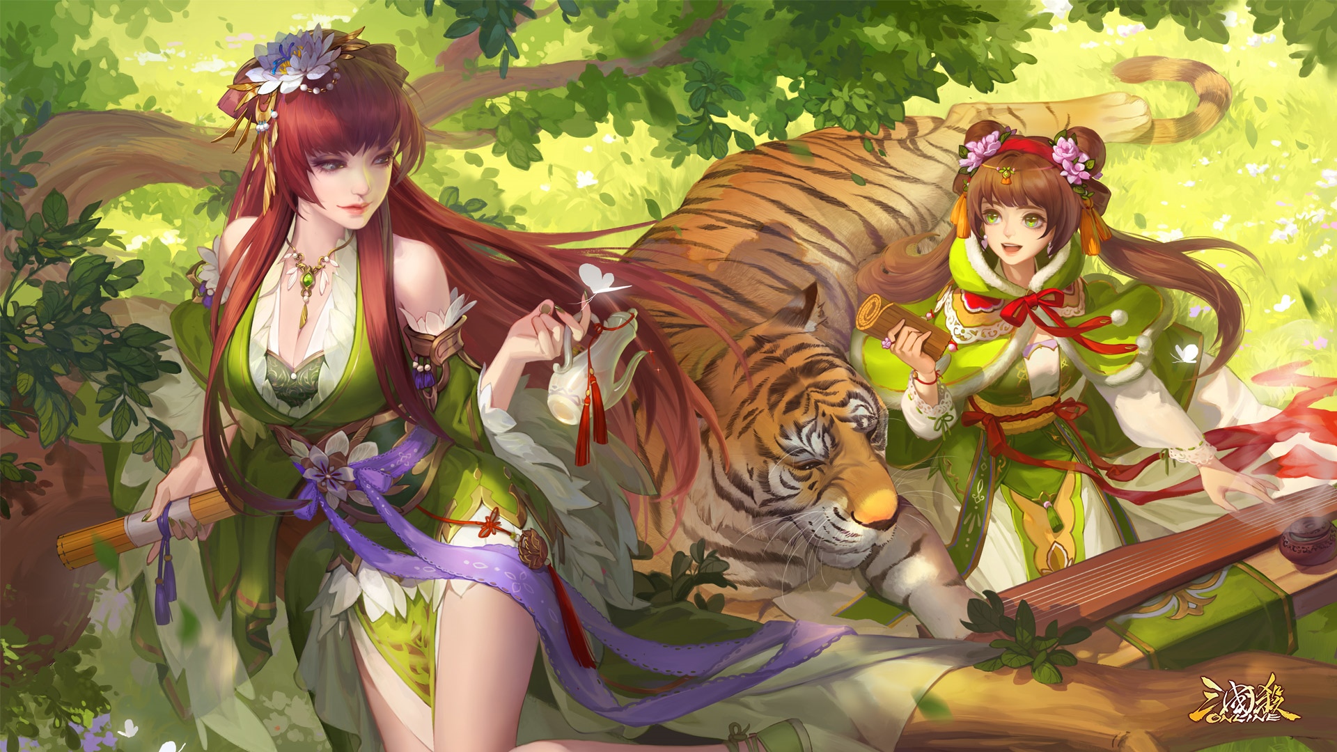 Two women and a tiger in a forest HD Wallpaper