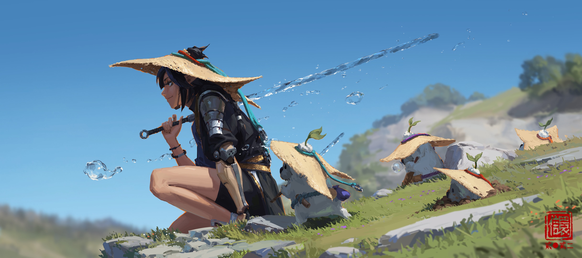Fantasy girl with sword and small creatures on a hill HD Wallpaper