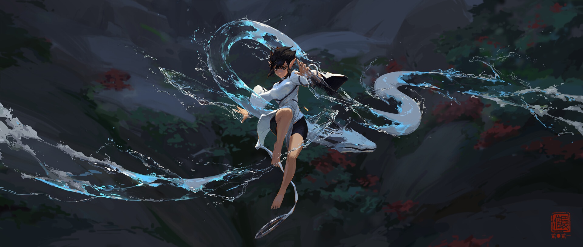 Girl controlling water dragon in a dark forest HD Wallpaper