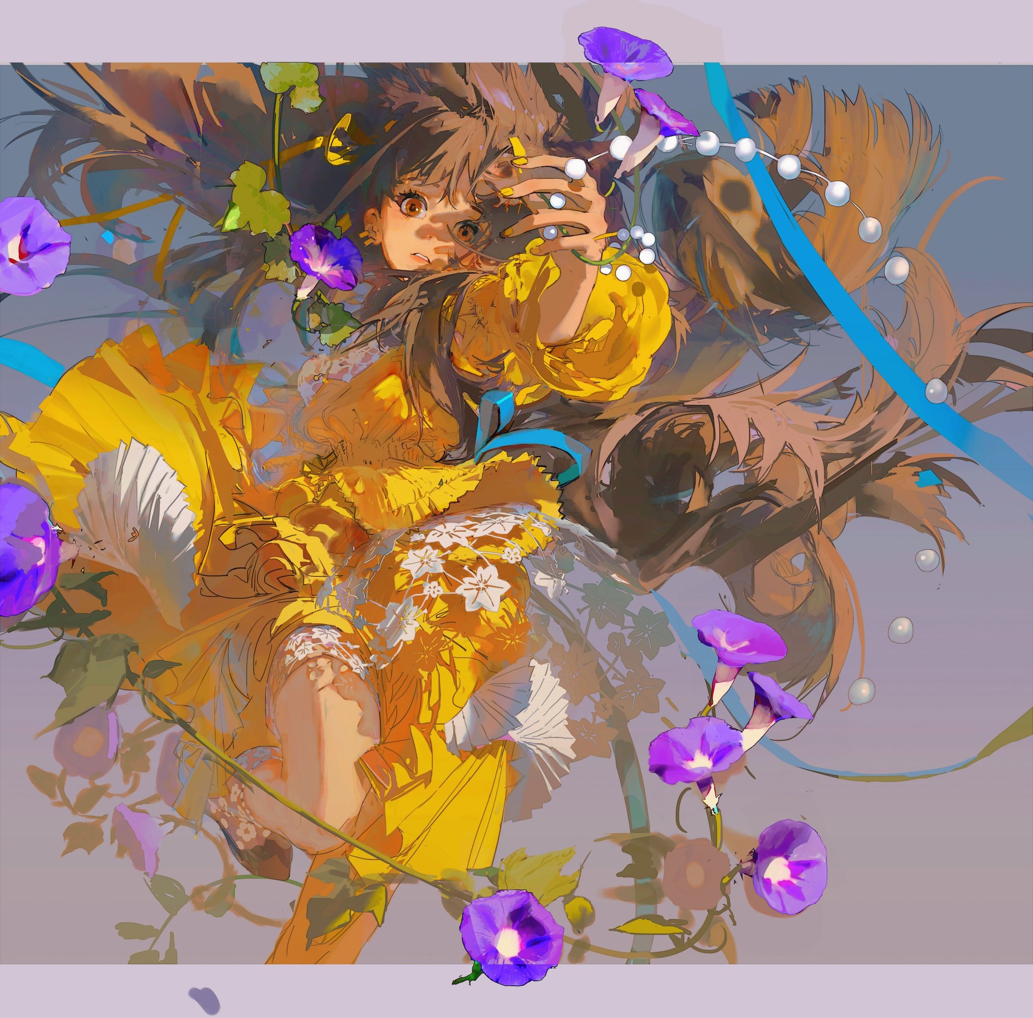 Anime girl with morning glories and pearls HD Wallpaper