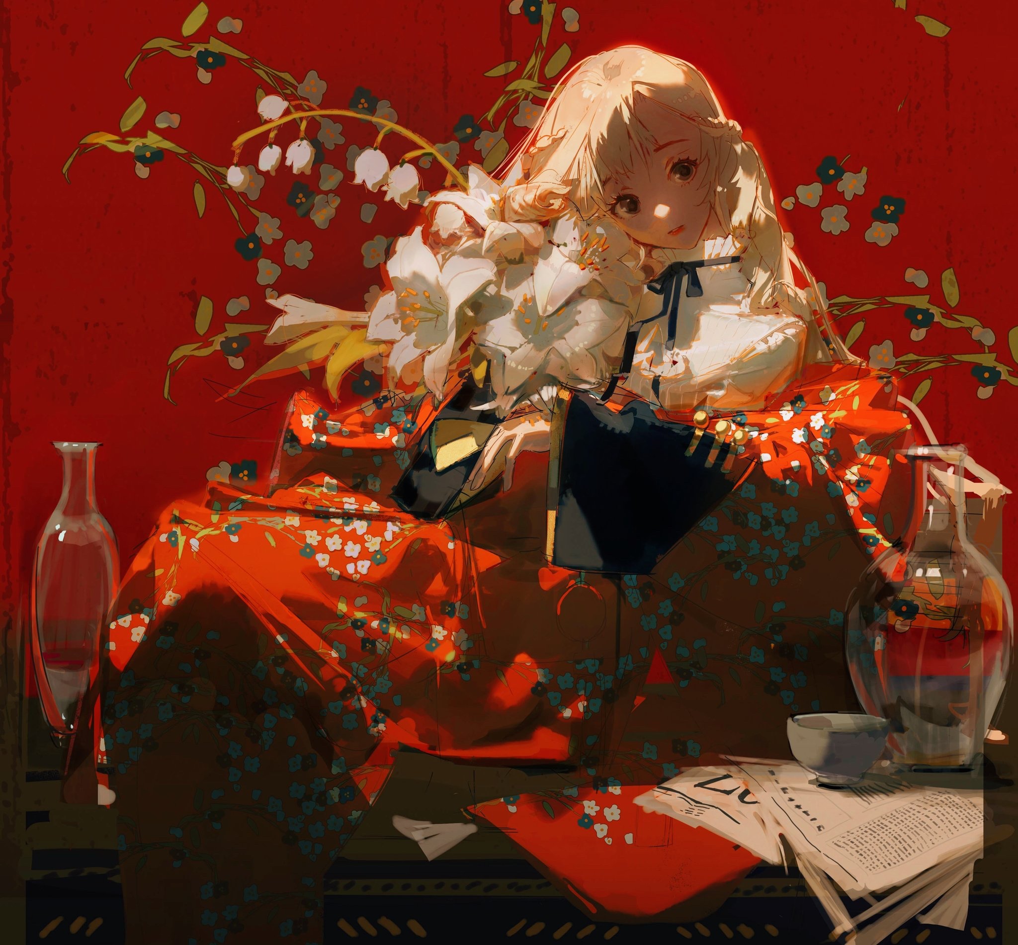 Artwork of a girl with flowers and morning glories HD Wallpaper