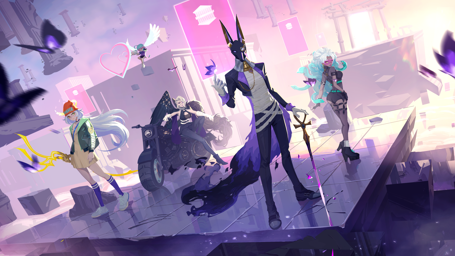 Dislyte characters in a surreal, floating landscape HD Wallpaper