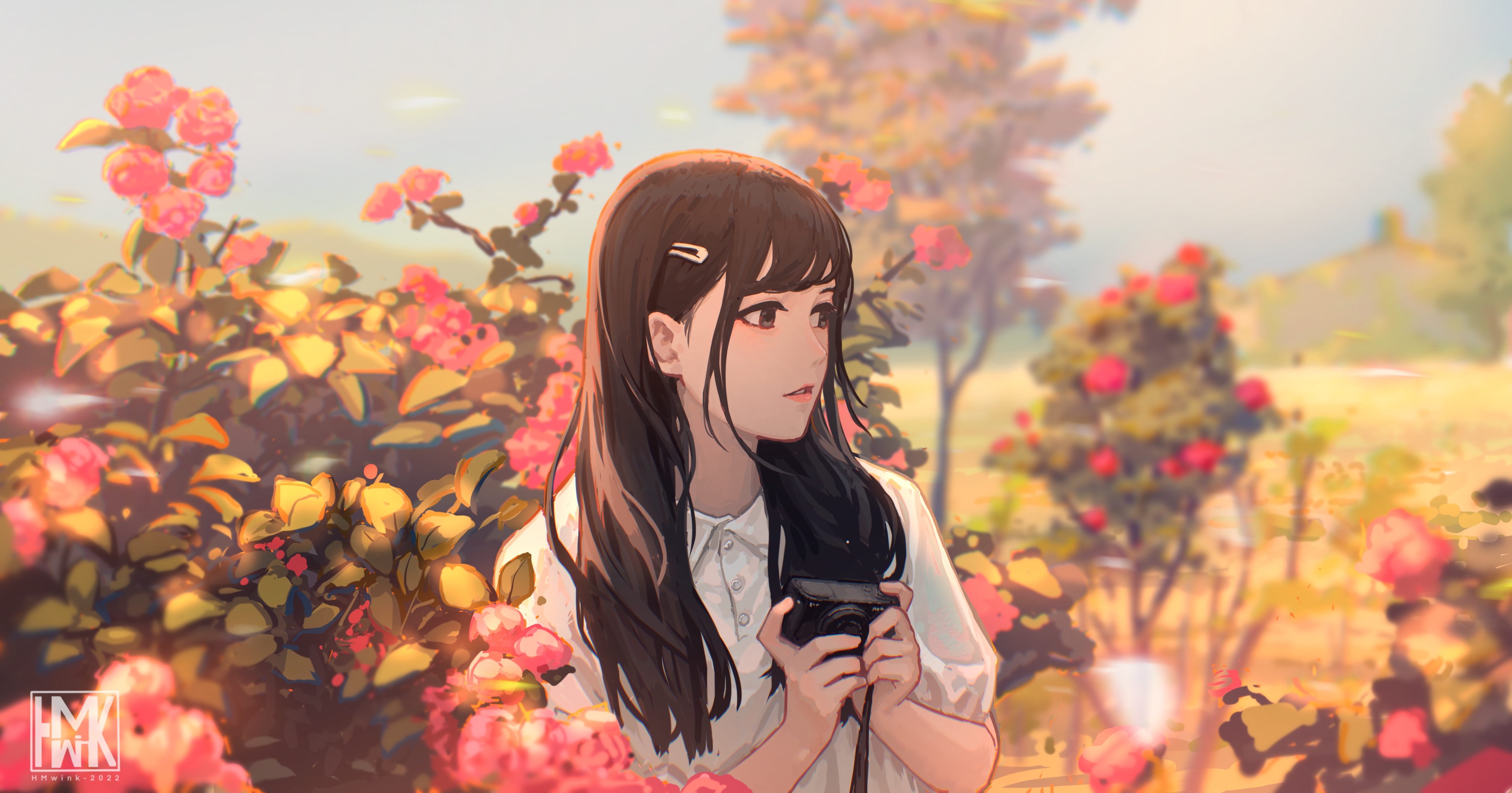 4K anime girl with camera among flowers HD Wallpaper