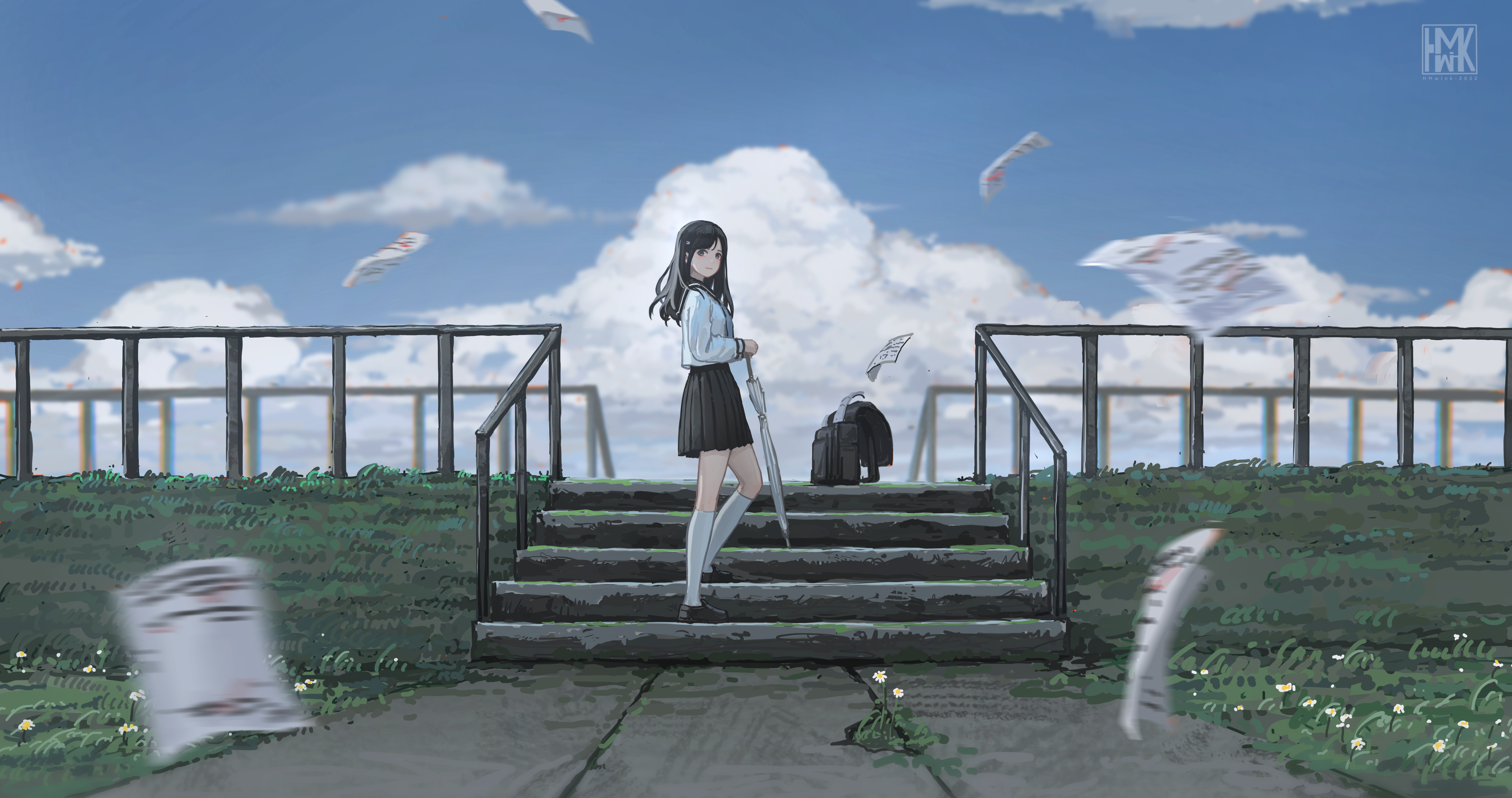 Girl in school uniform with umbrella on steps HD Wallpaper
