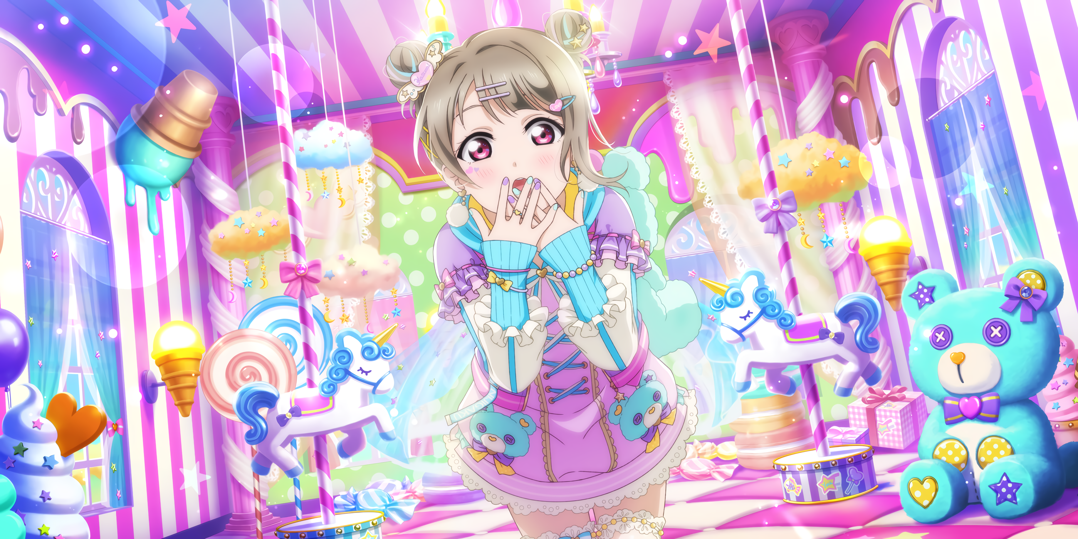 Love Live! Nakasu Kasumi in a candy-themed room HD Wallpaper