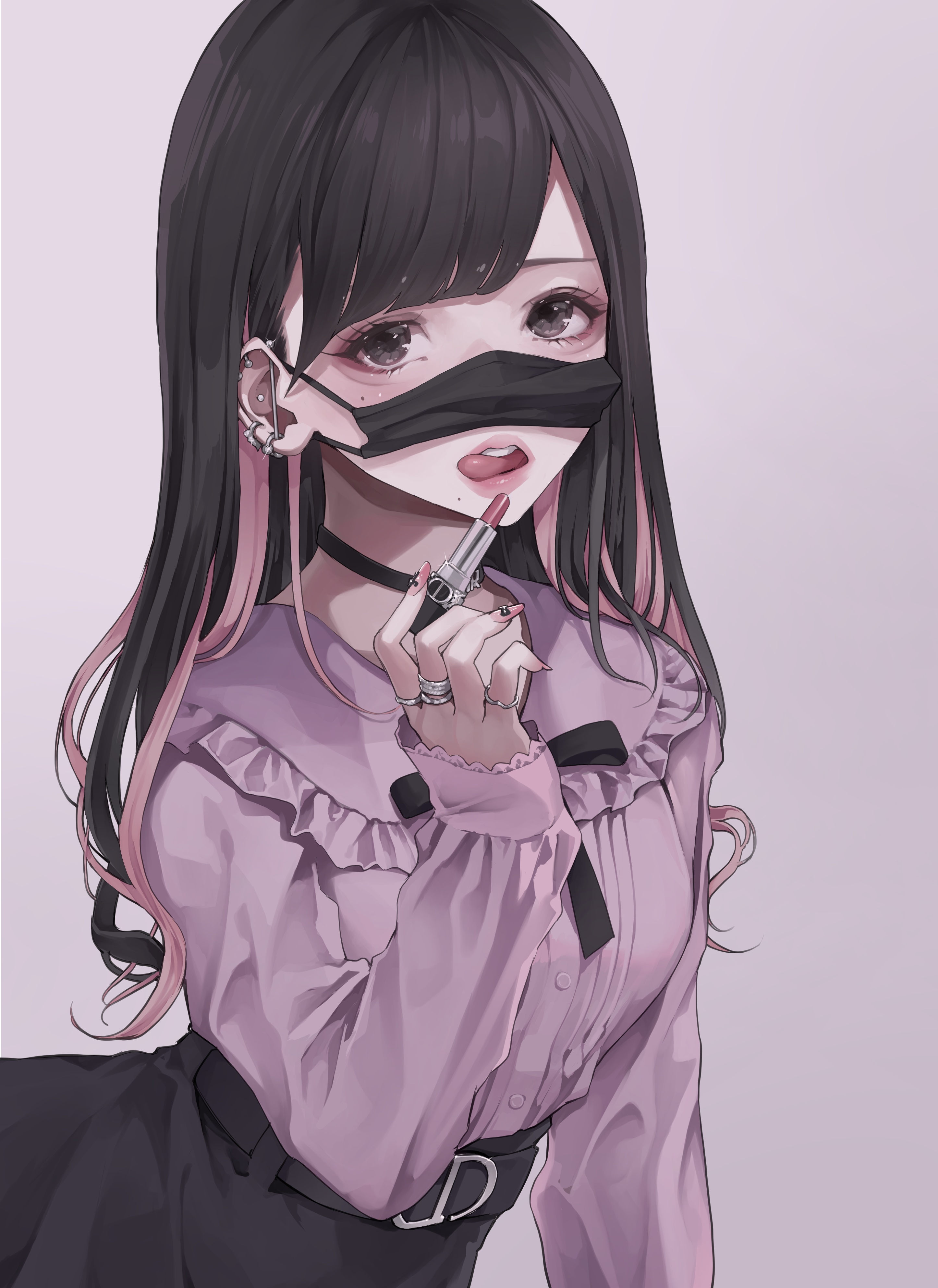 Anime girl with mask applying lipstick HD Phone Wallpaper