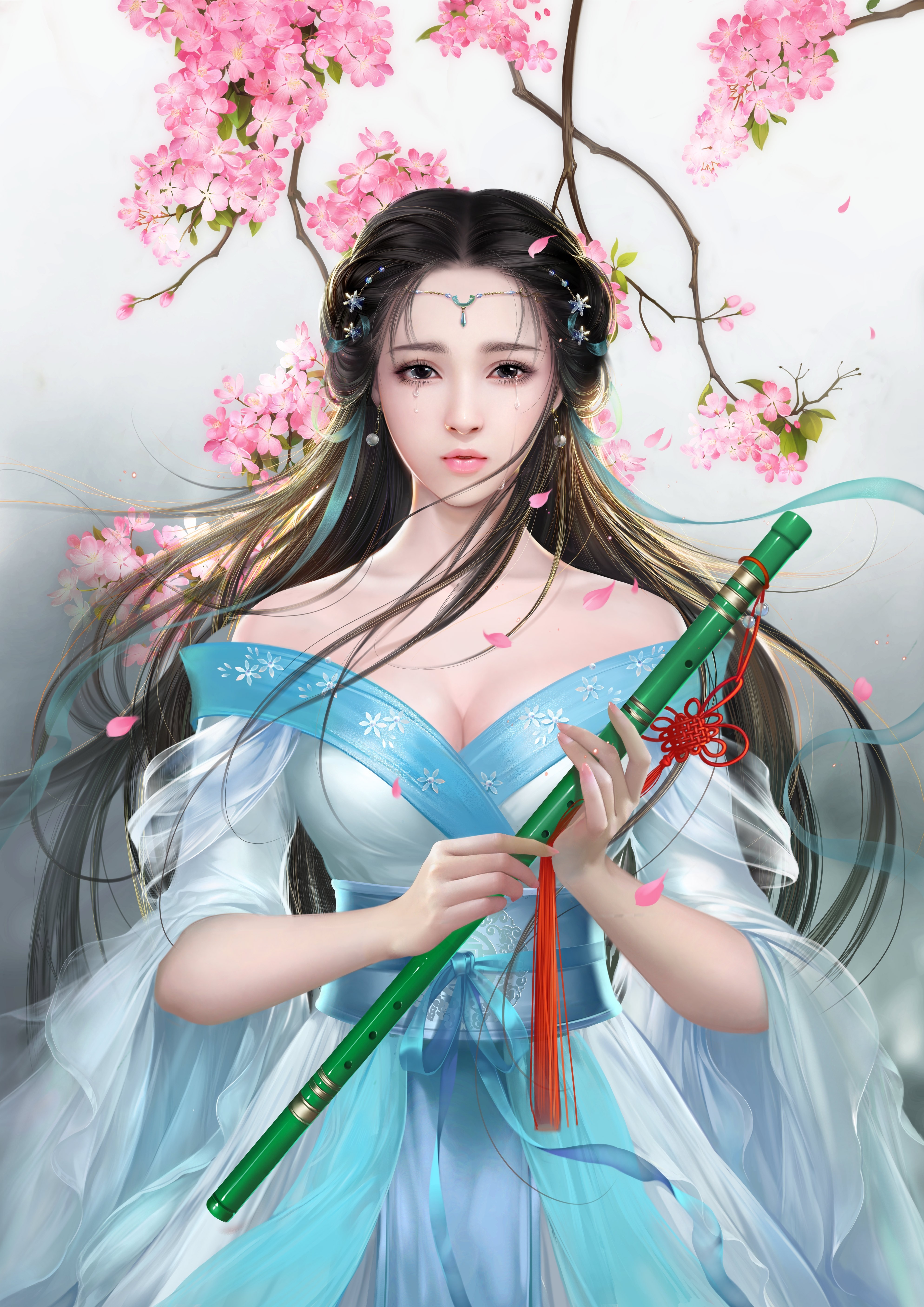 Fantasy girl with flute and pink flowers HD Phone Wallpaper