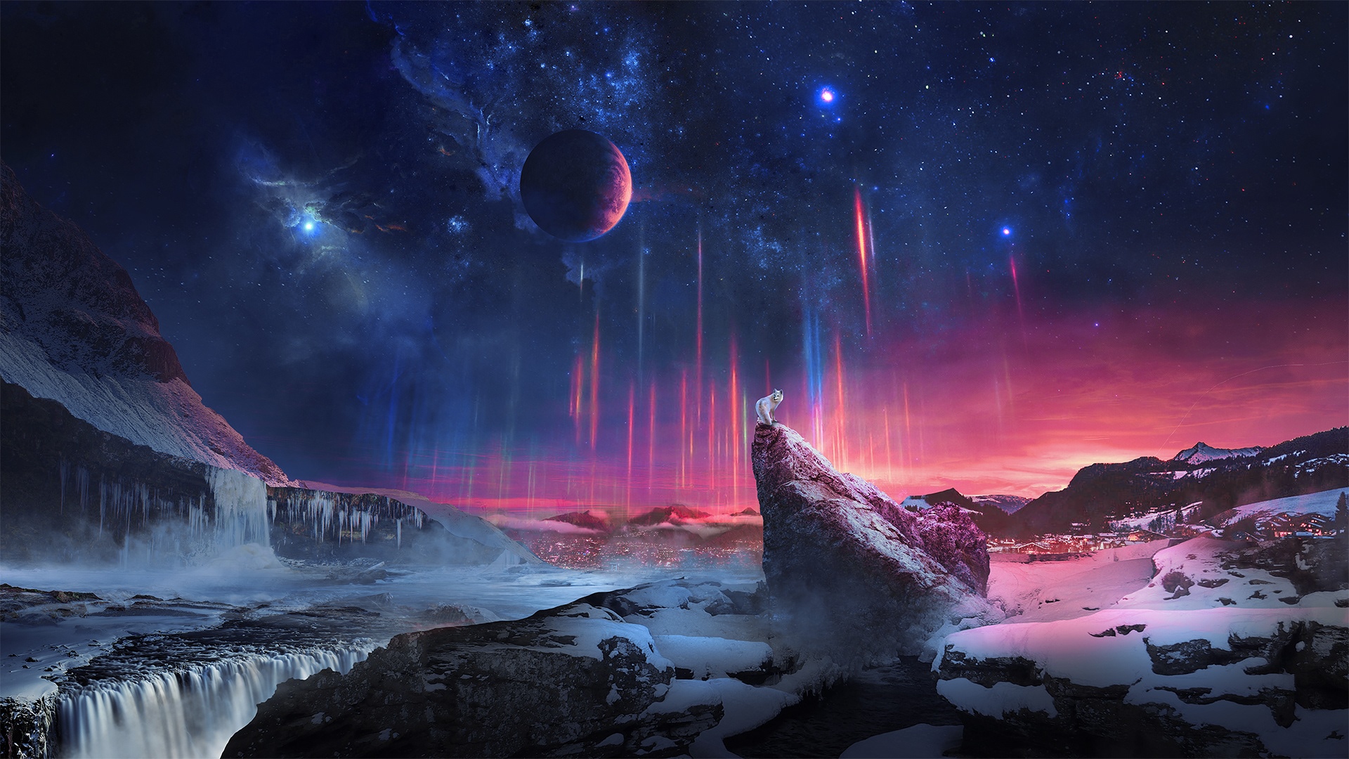 Wolf on a rock under a starry sky with a planet HD Wallpaper