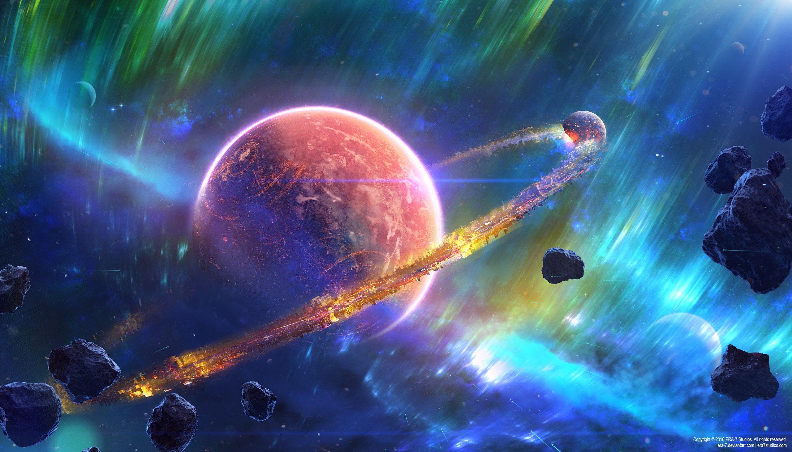 Red planet with glowing rings and asteroids in space HD Wallpaper