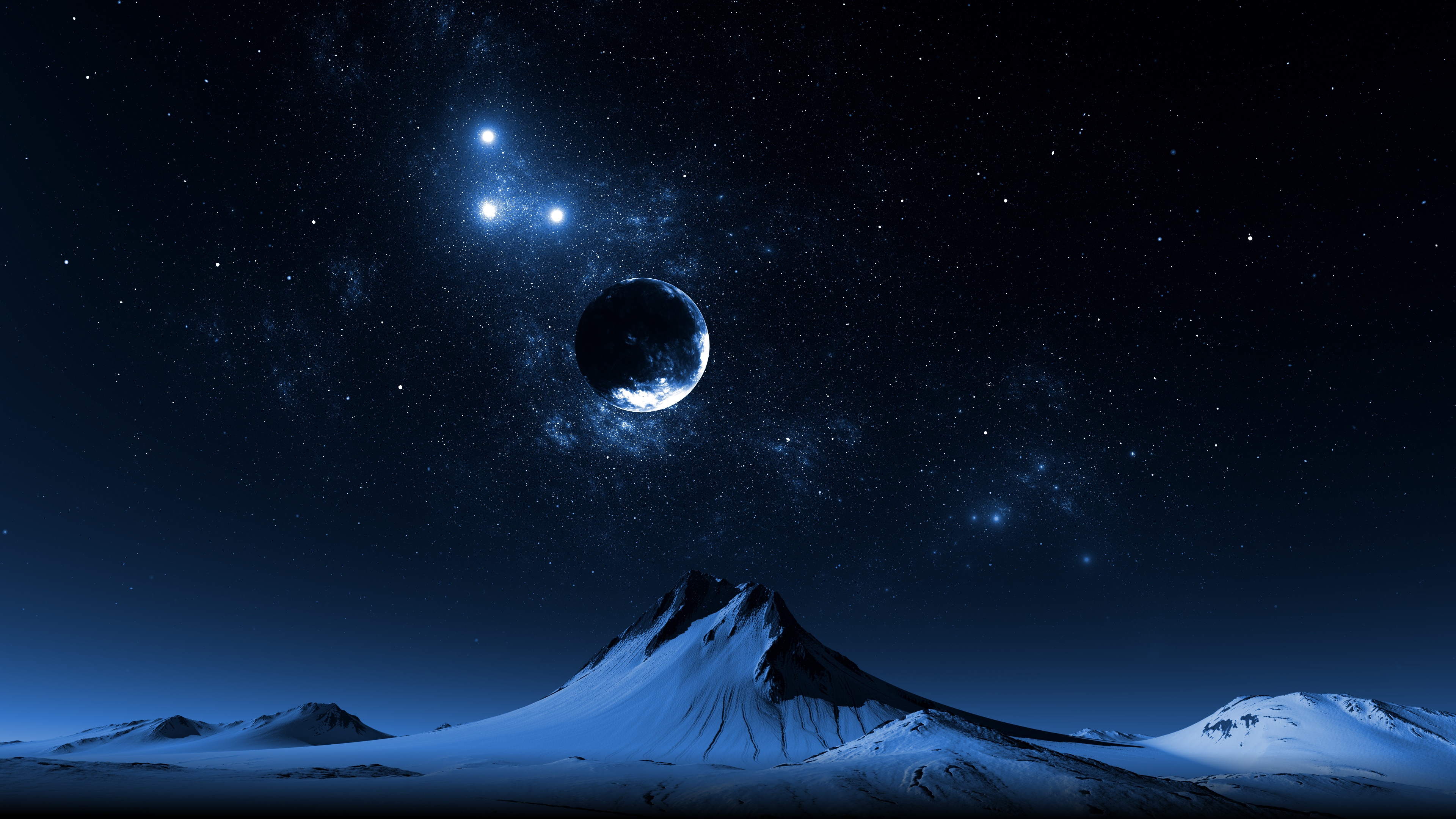4K Planet and Mountains in Galaxy Sky HD Wallpaper