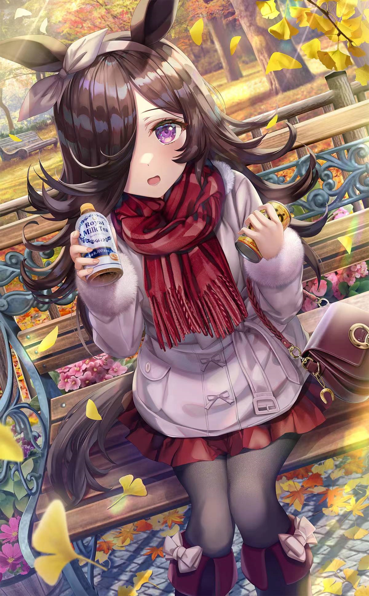 Uma Musume Pretty Derby character with milk tea in autumn park HD Phone Wallpaper