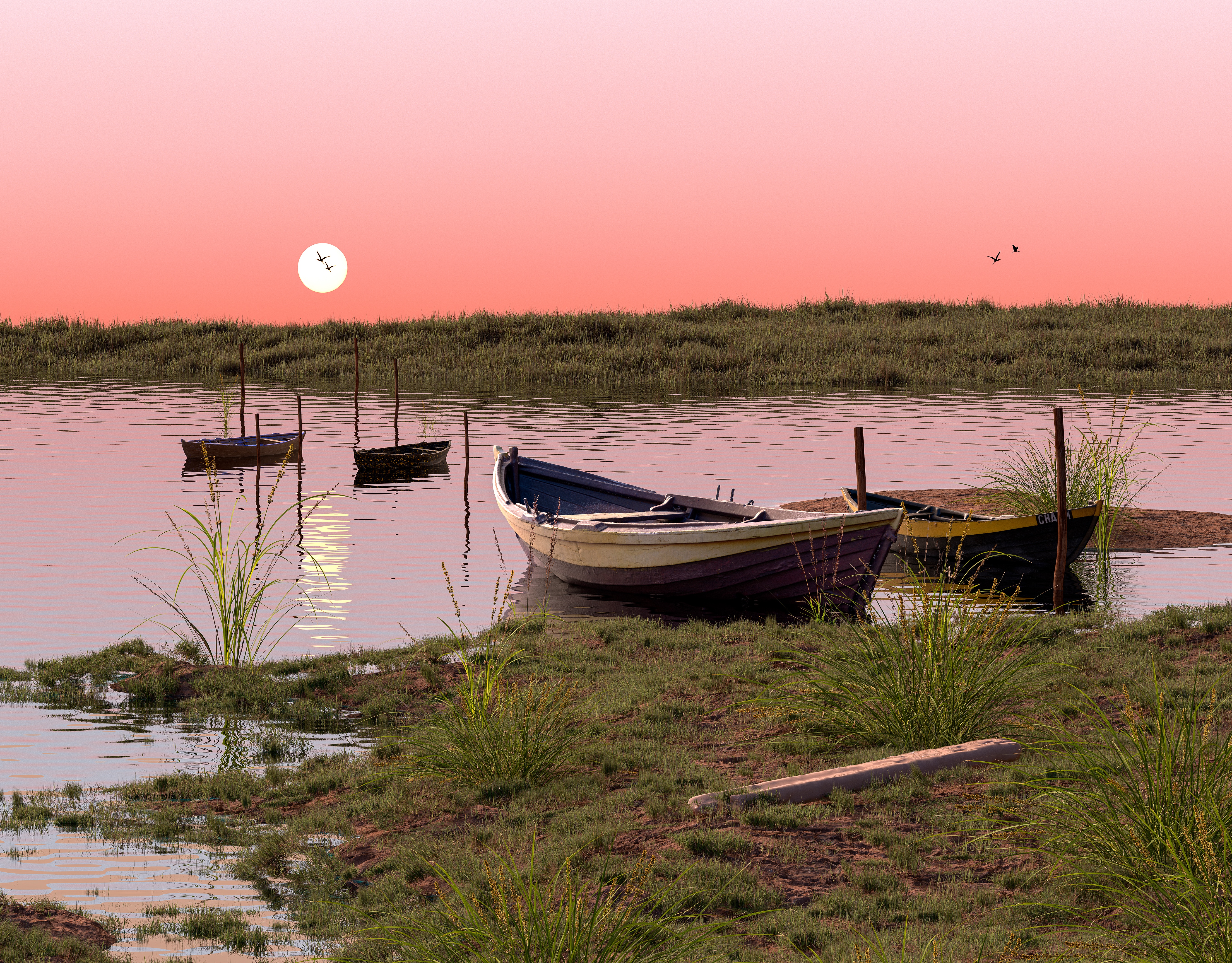 Boats on a calm river at sunset HD Wallpaper