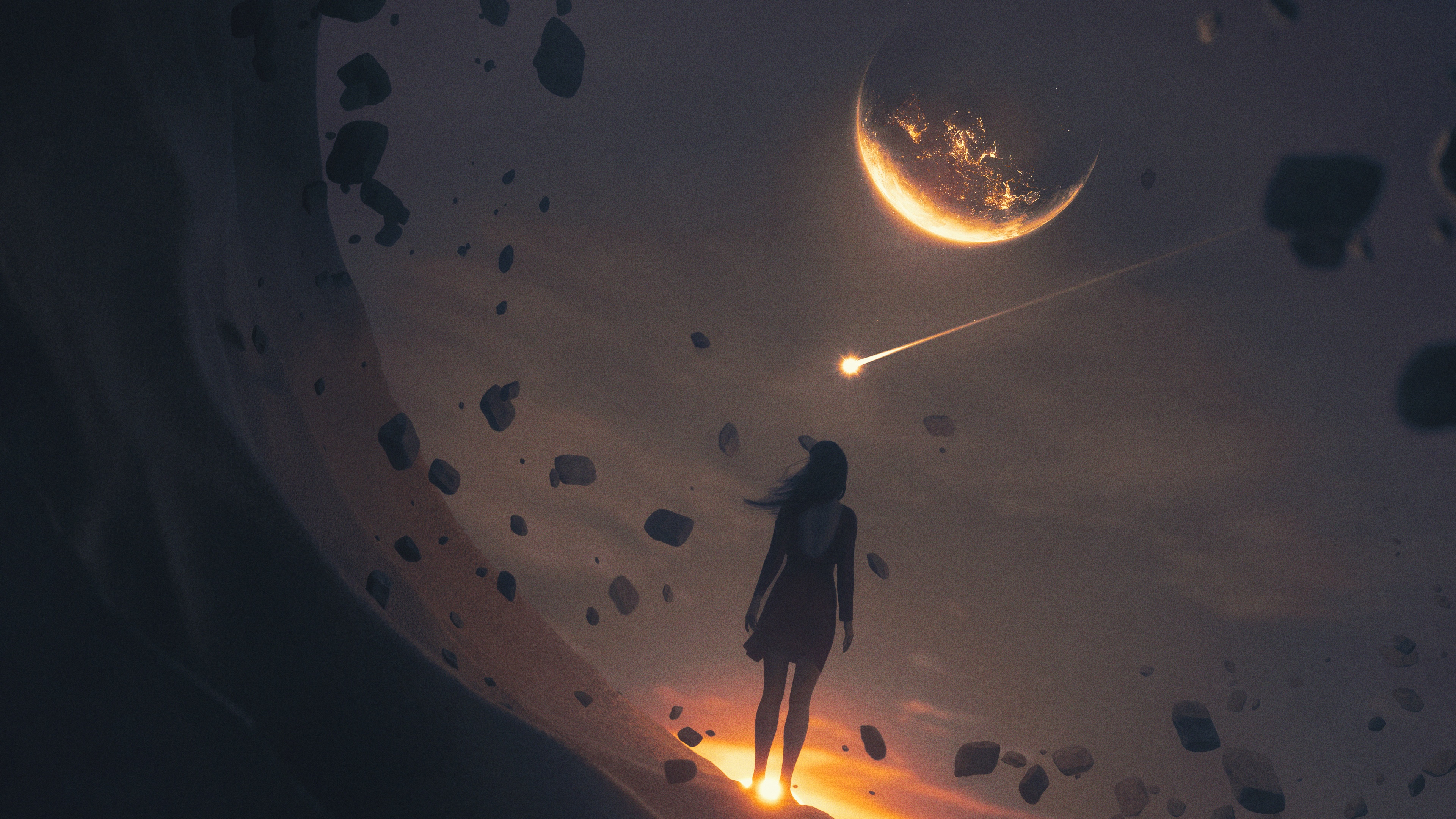 Woman watching meteor shower near a planet HD Wallpaper