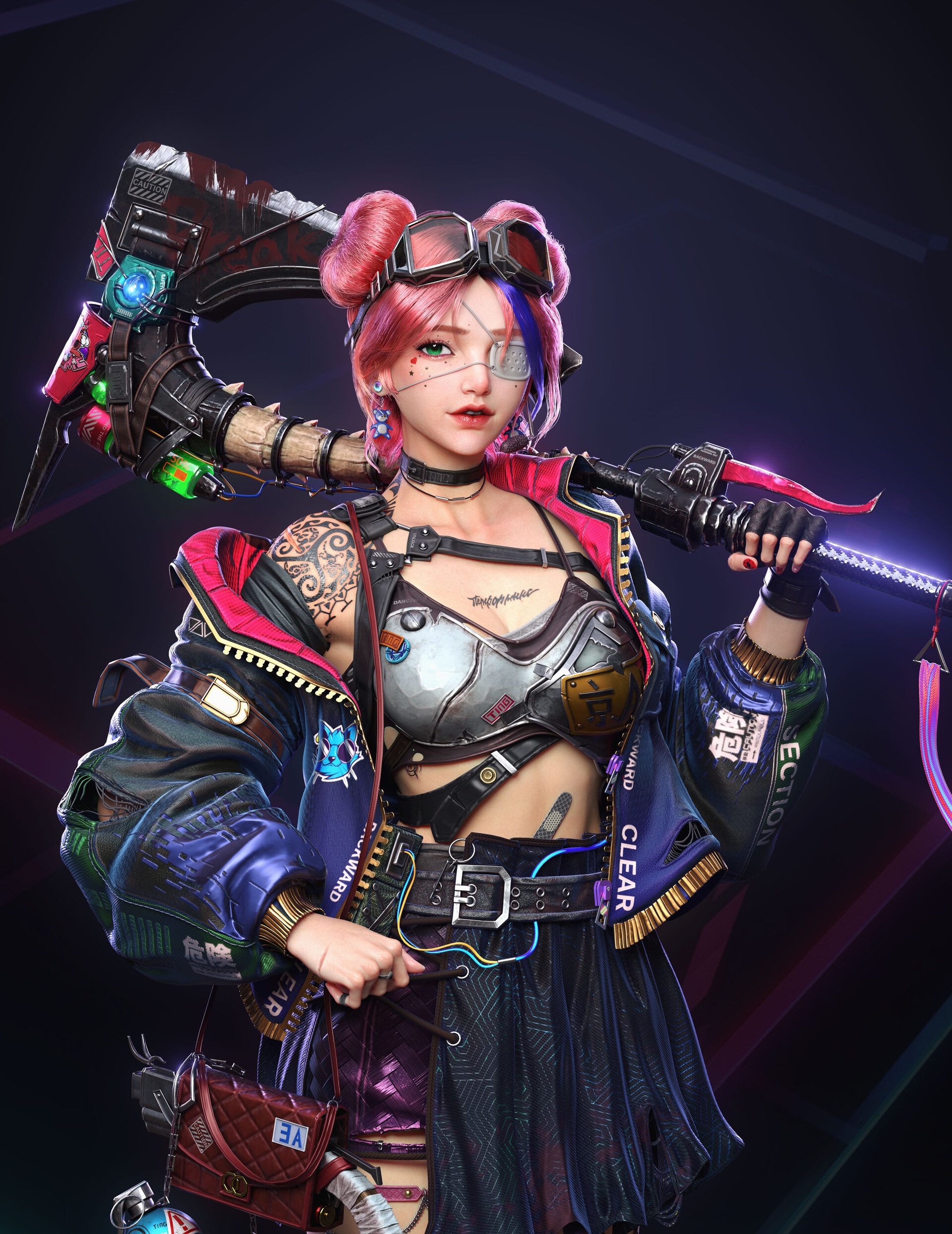 Woman with pink hair and eyepatch holding a large axe HD Phone Wallpaper