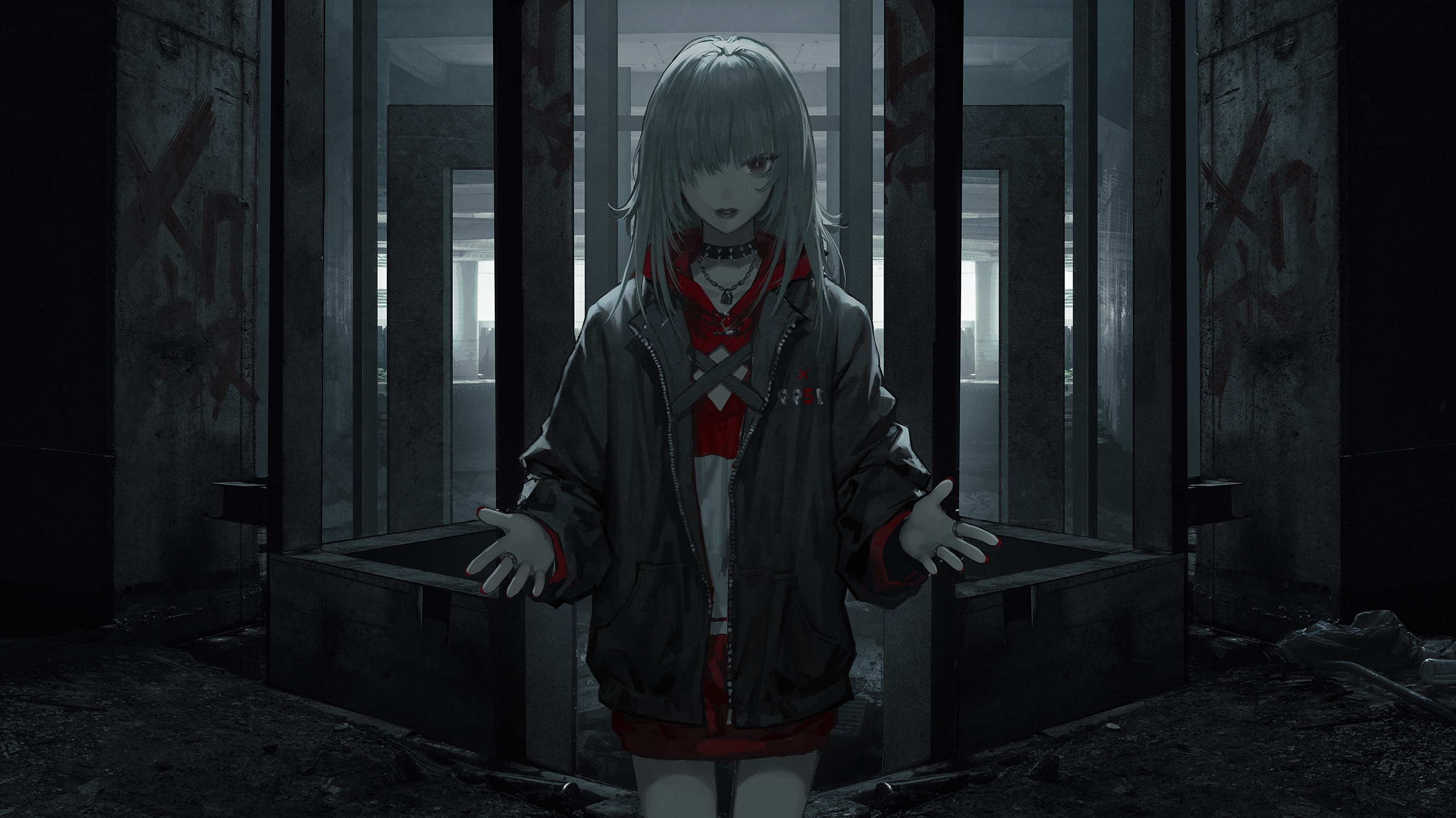 Girl in abandoned building with graffiti HD Wallpaper