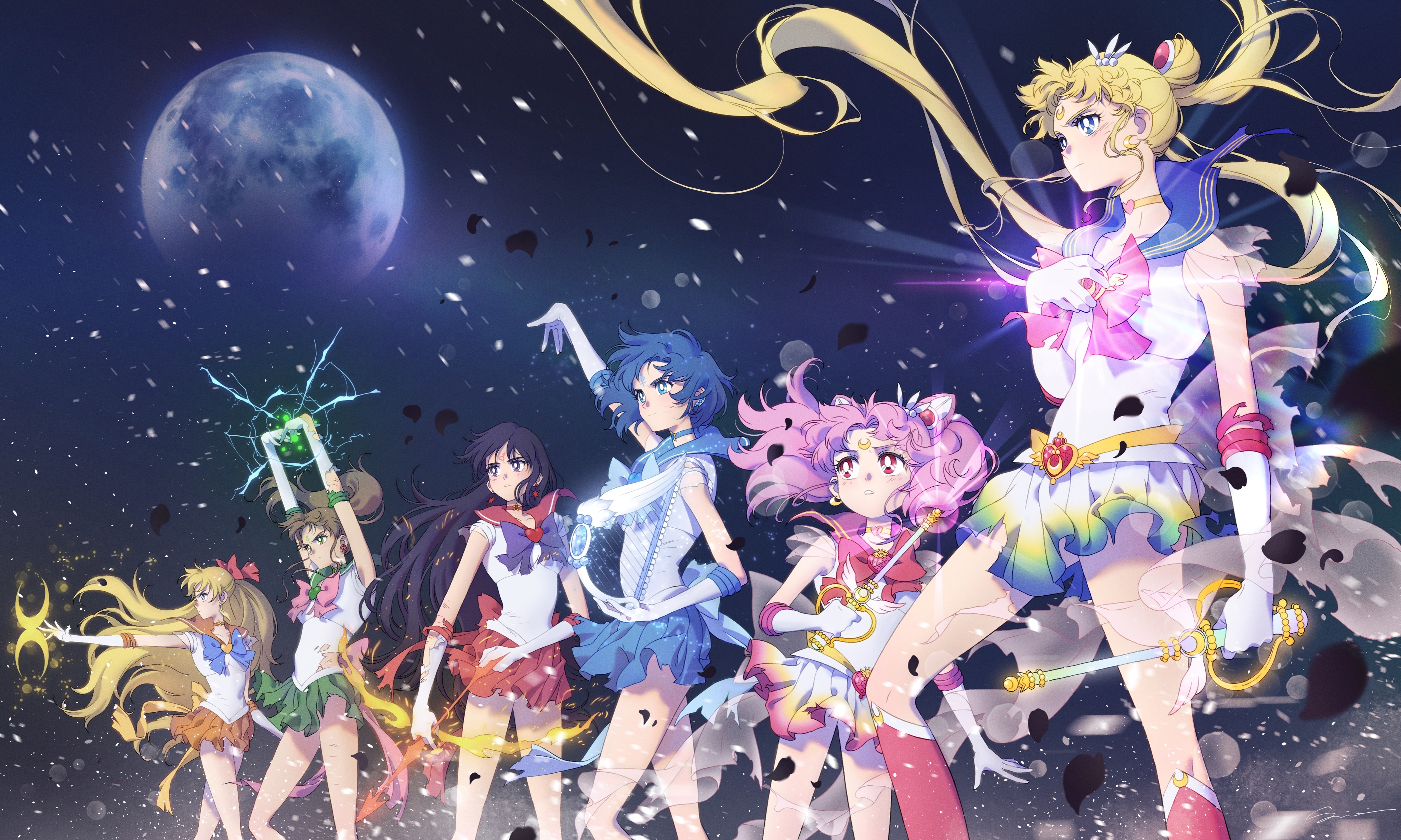 Sailor Moon and her friends under the moon HD Wallpaper