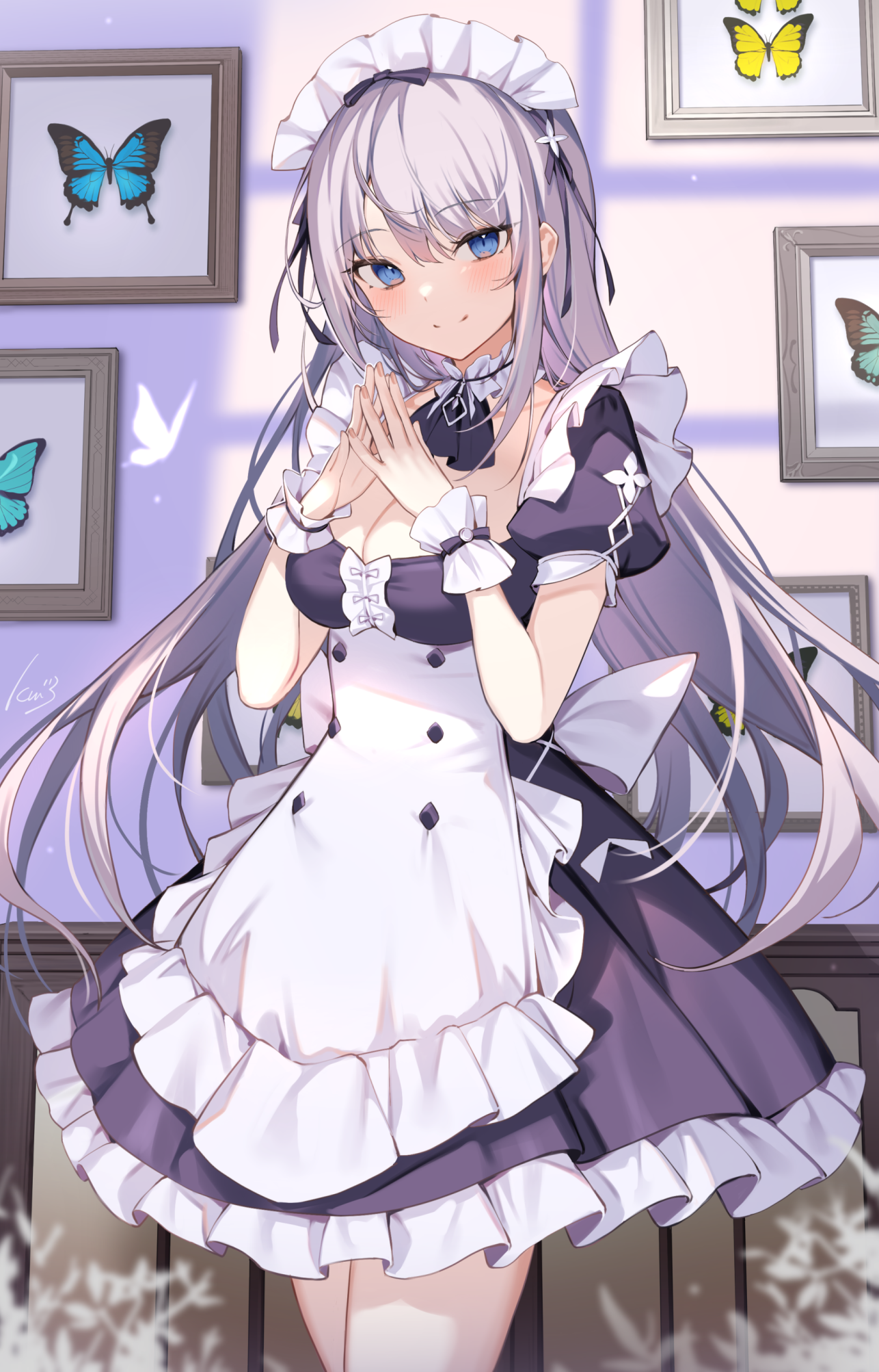 Maid with blue eyes and butterflies HD Phone Wallpaper