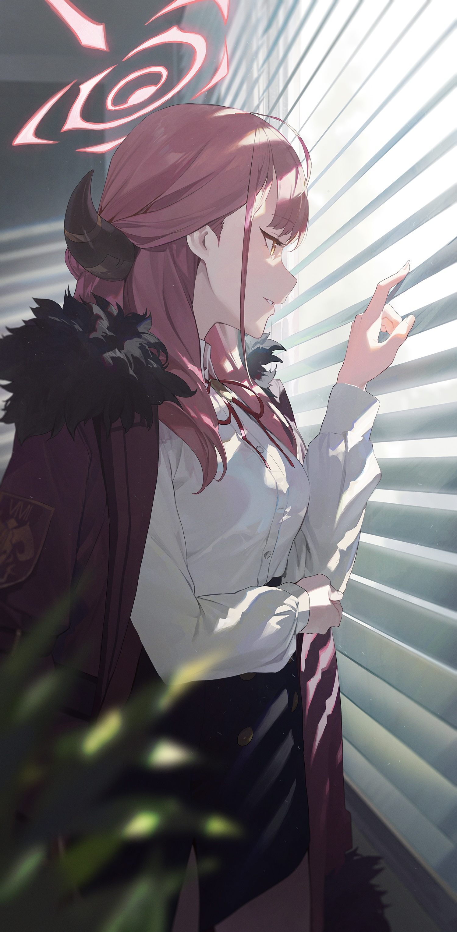 Aru Rikuhachima from Blue Archive looking through blinds HD Phone Wallpaper